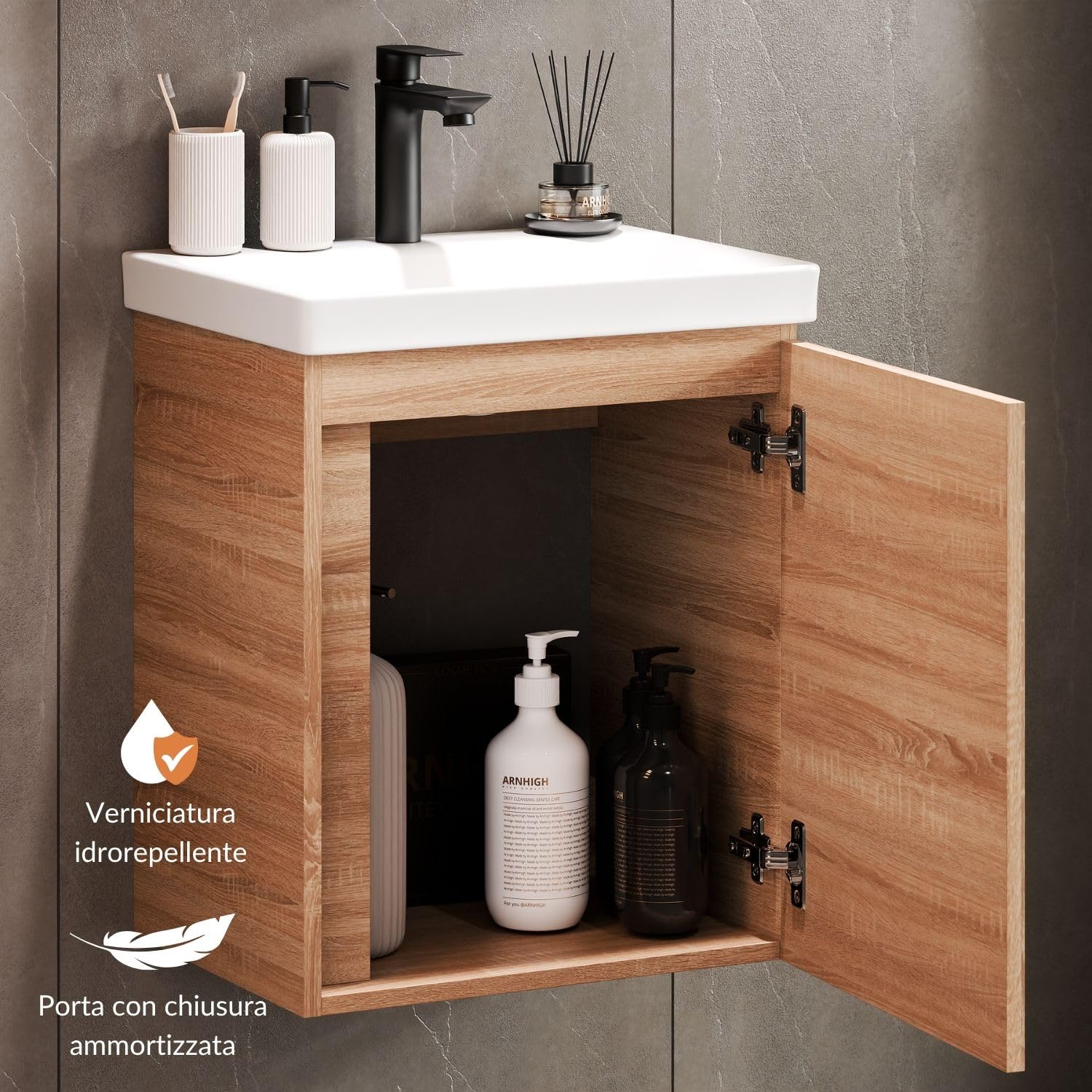 Planetmöbel Lavabo con mobile sottolavabo 50 cm incl. armadio a specchio 50 cm, set di mobili da bagno con lavabo, sospeso, rovere sonoma