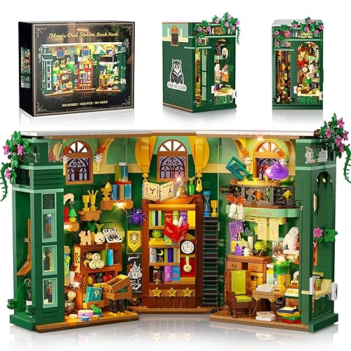 INSOON Magic Owl Station Book Nook Building Set with Lights, DIY Booknook Building Block Toy for Bookshelf Home Decor, 1239 PCS Bookend House Building Brick Kit for Adults Teens Boys Girls Ages 10+