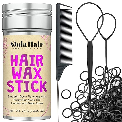Dolahair Barra de Cera para el Cabello y Accesorios - Control de Cabello Rebelde para Niños y Mujeres, 50 Piezas de Bandas Elásticas Coloridas, 1