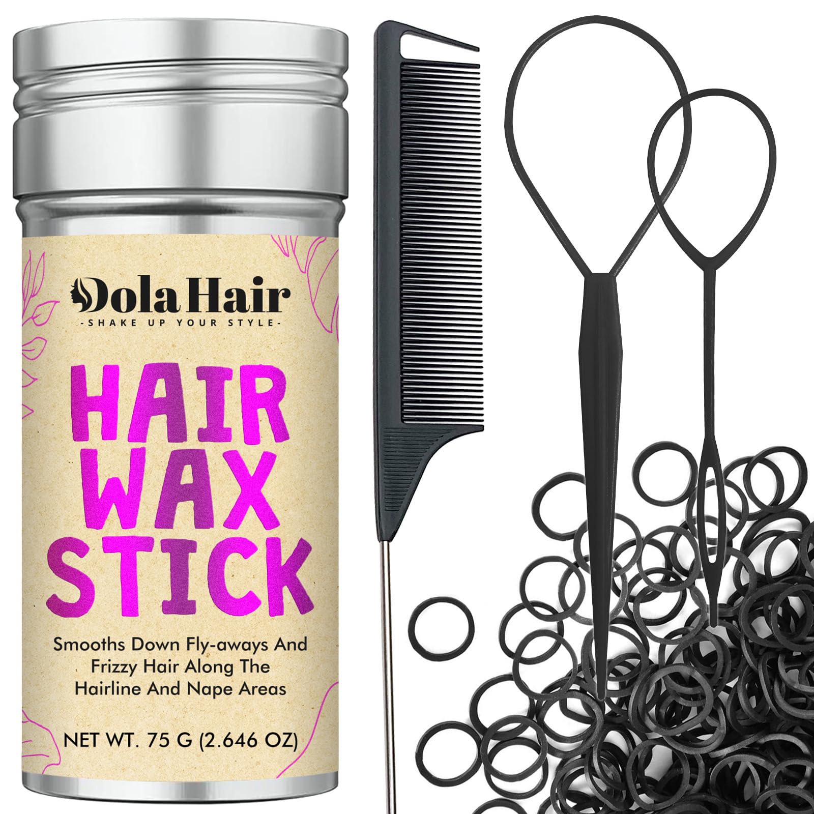 Dolahair Hair Wax Stick & Accessories - Flyaway Control for Kids & Women, 50 Pcs Colorful Elastic Hair Bands, 1 Pcs Slick Back Hair Brush, 2 Hair Loop Styling Tools (Black)