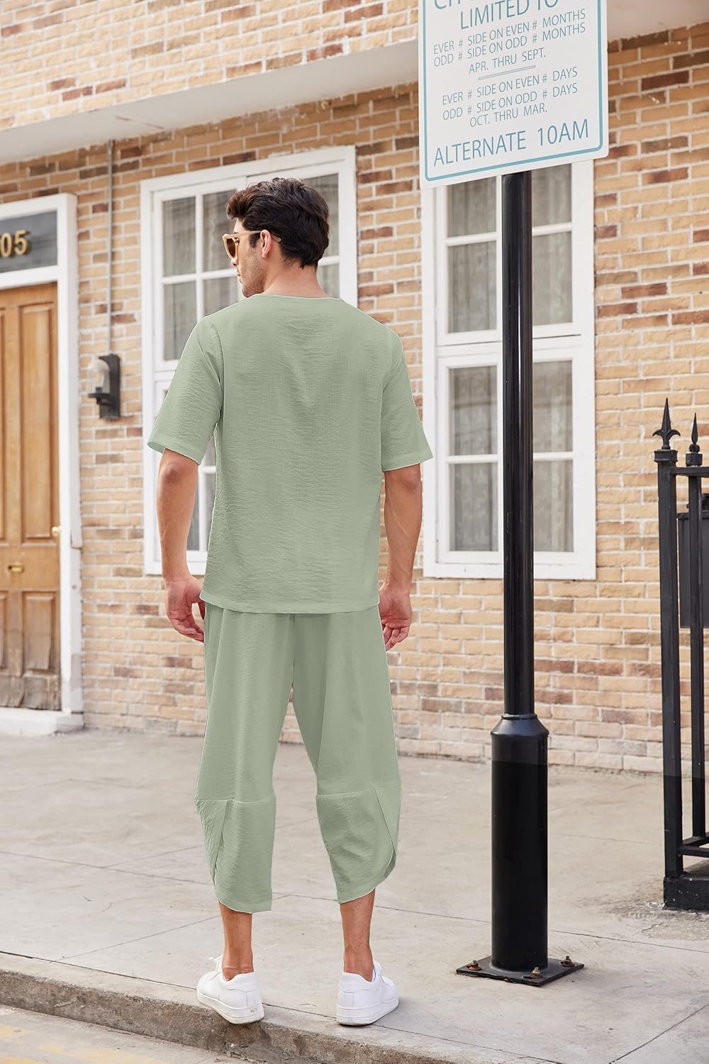 COOFANDY Men's 2 Pieces Linen Set Henley Shirt Short Sleeve and Harem Capri Pants Wide Leg Baggy Beach Yoga Trousers Outfits - Image 6