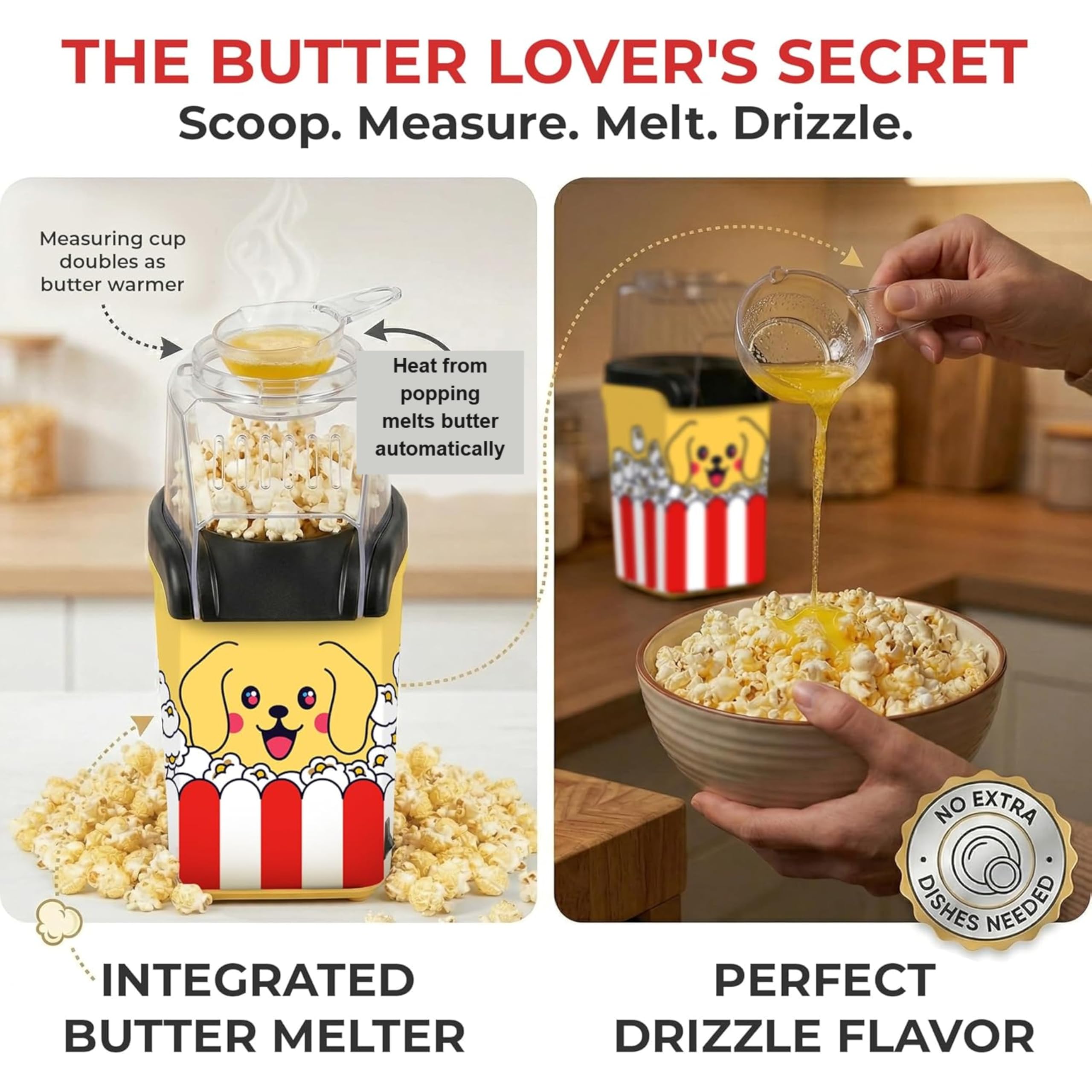 Cooler Concepts Máquina de palomitas de maíz "Pupcorn" y Popper de aire – Popper de aire caliente de 1200 W con bandeja de fusión de mantequilla – Mini fabricante eléctrico – Regalo para los amantes