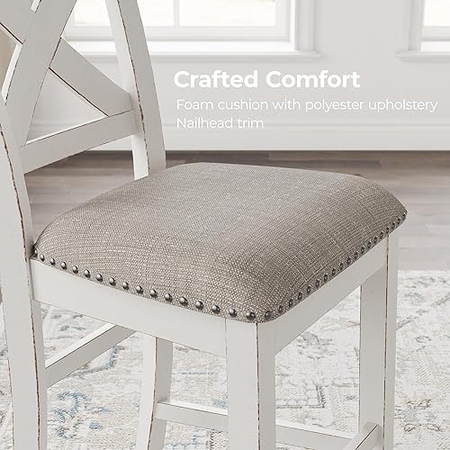 Miniatura 5 de Signature Design by Ashley Robbinsdale Farmhouse Taburete de bar tapizado, juego de 2, respaldo en X, ribete de cabeza de clavo, madera, 24.75