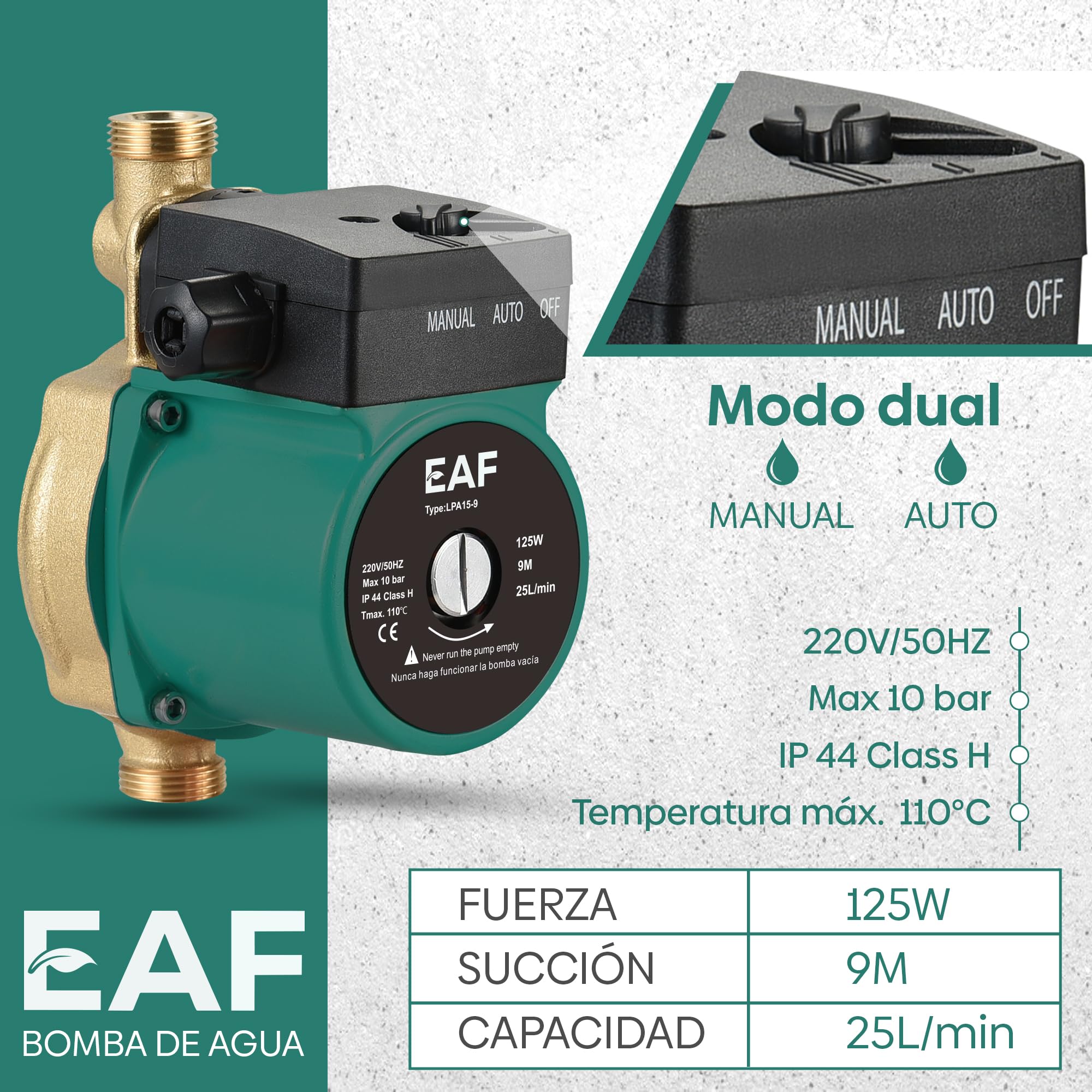 EAF EAFA15-9 – Automática Recirculación Calefacción y Agua Caliente en Duchas y Grifos Doméstica | 9m Máx – 3,6 m³/h Bomba de Presión de Agua para Casa, Bomba de Refuerzo de Presión