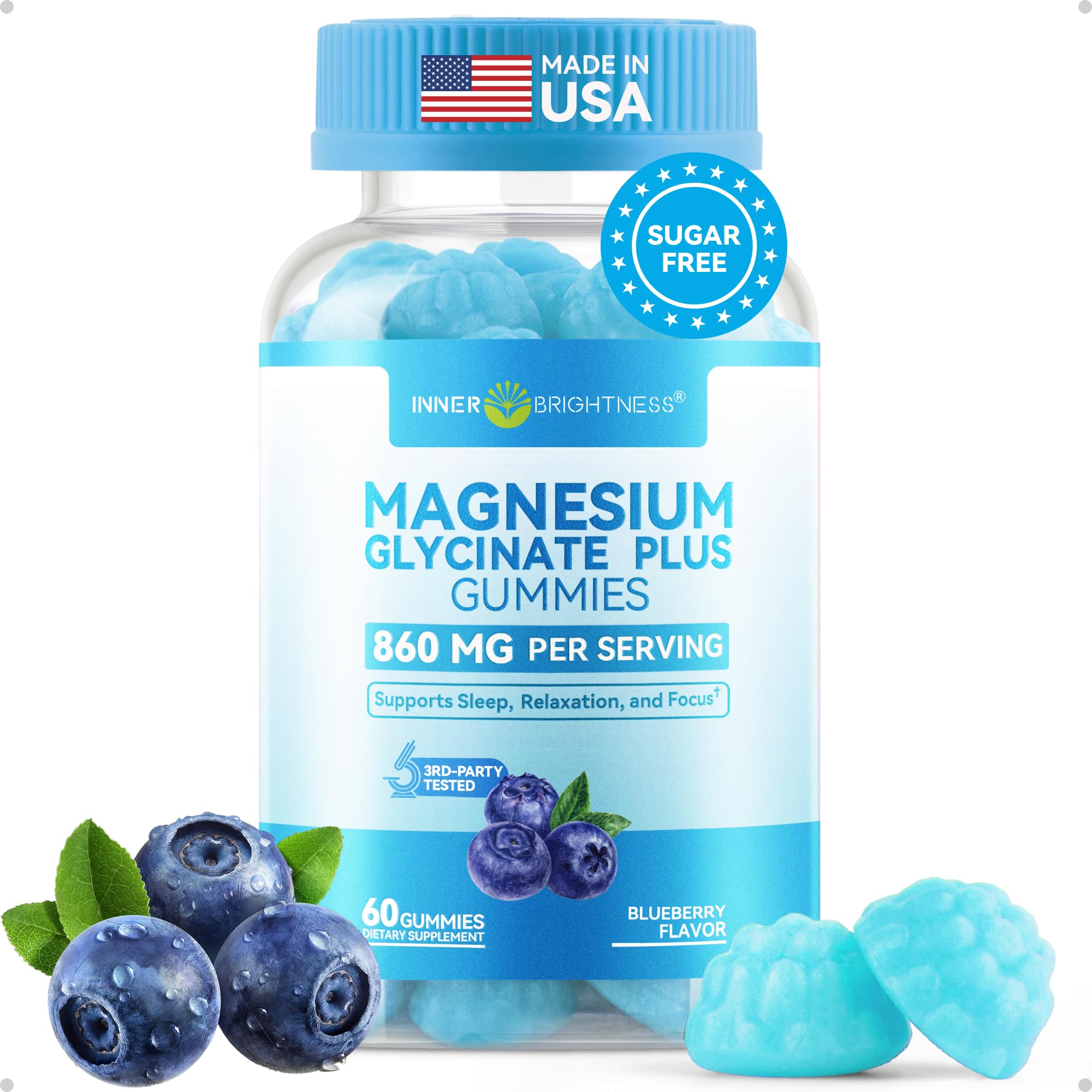 Magnesium Glycinate Plus Gummies 860mg, Sugar-Free, Adults & Kids 4+ Blueberry(1 Pack)