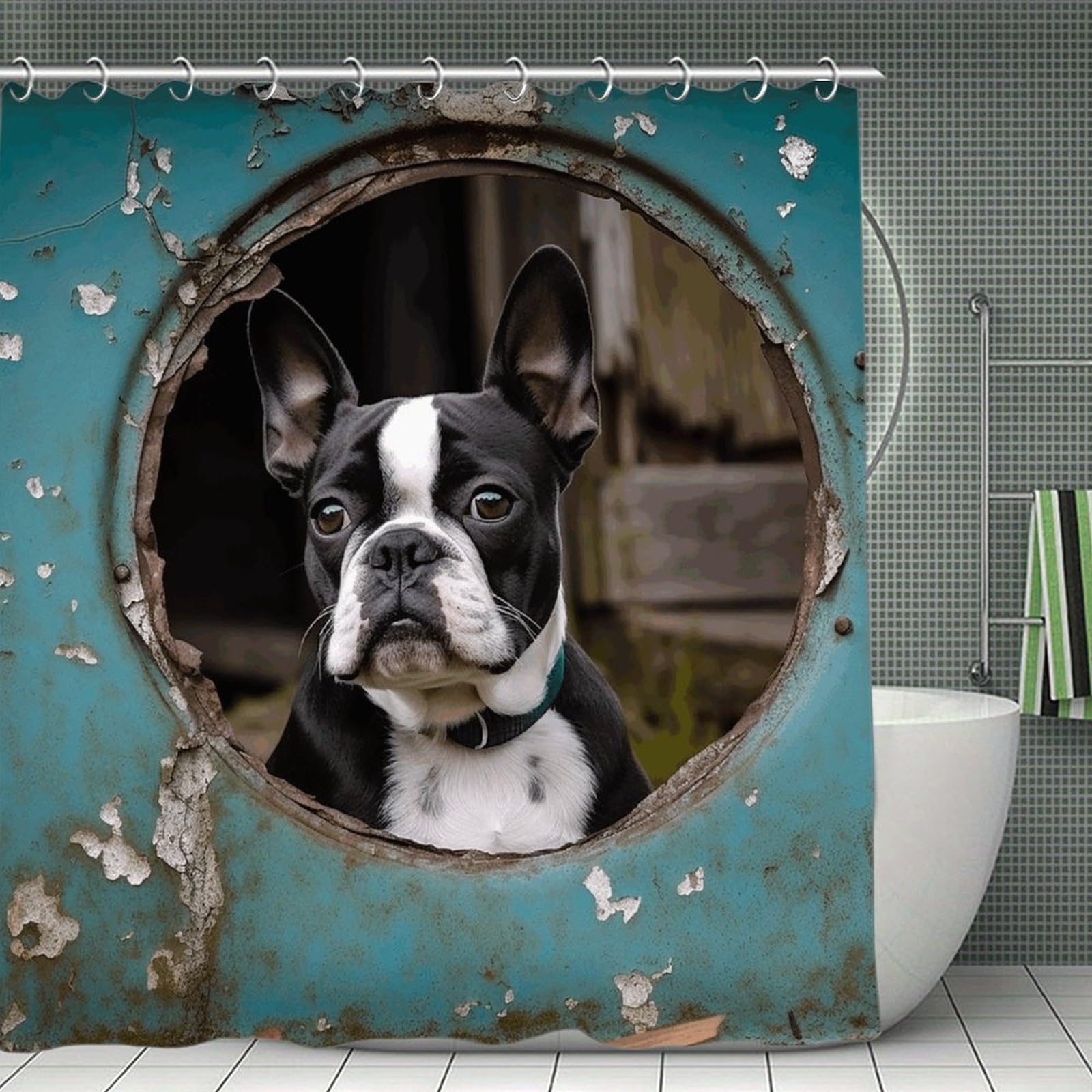 VstaDank Boston Terrier Shower Curtain Light-Weight Blackout Bathroom Curtain Washable Shower Liner 71x71 Inch Bath Curtain with Metal Holes Bathtub Bath Room