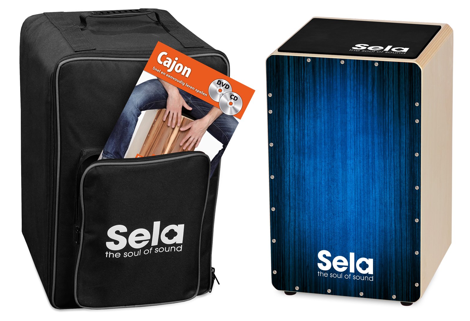 Sela SE 148 NL Varios Blue Cajon Set avec sac à dos, cajon pad et livre de cajon en néerlandais + CD + DVD