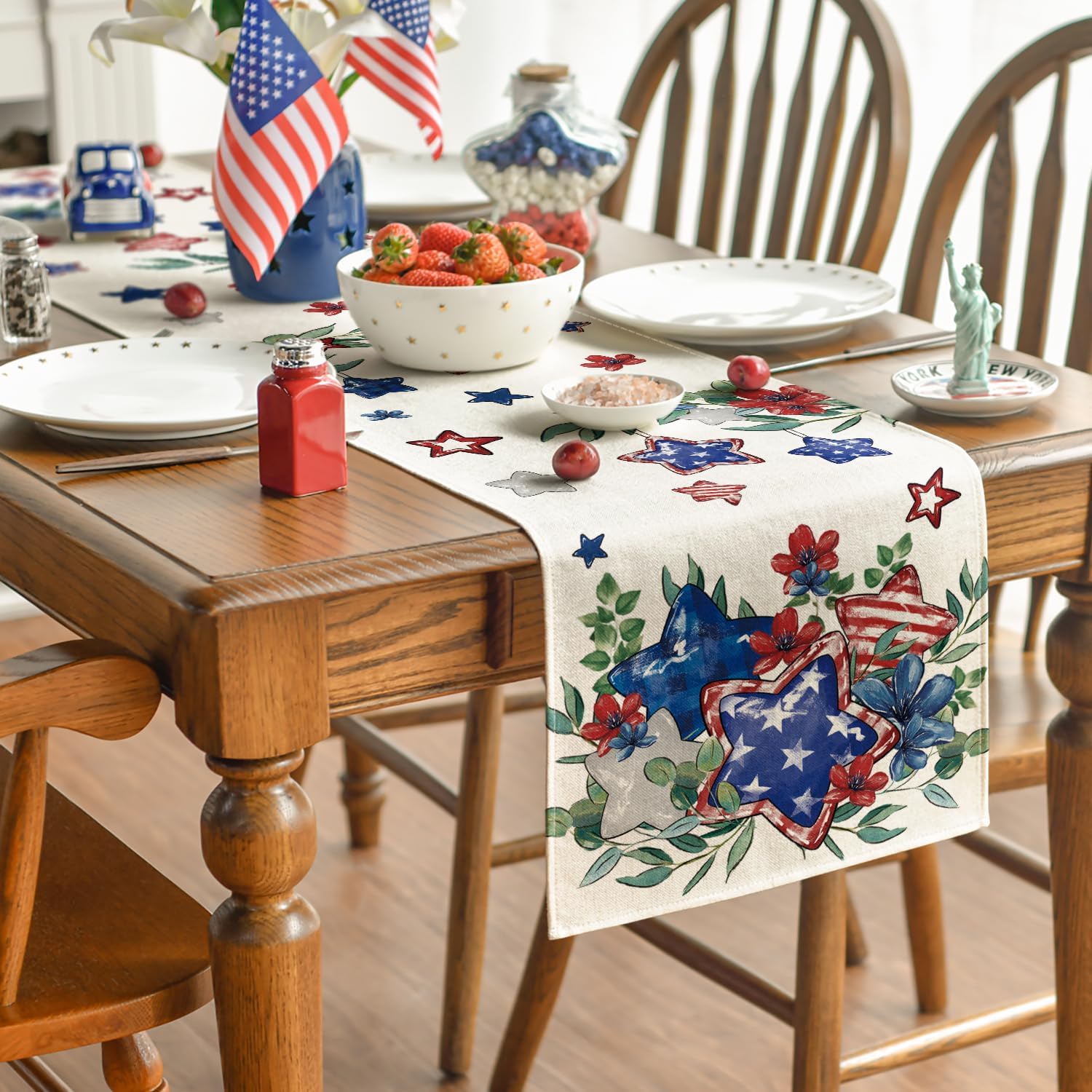 Artoid Mode Eucalyptus Flowers Stars Patriotic 4th of July Table Runner, Memorial Day Kitchen Dining Table Decoration for Home Party Decor 13x72 Inch
