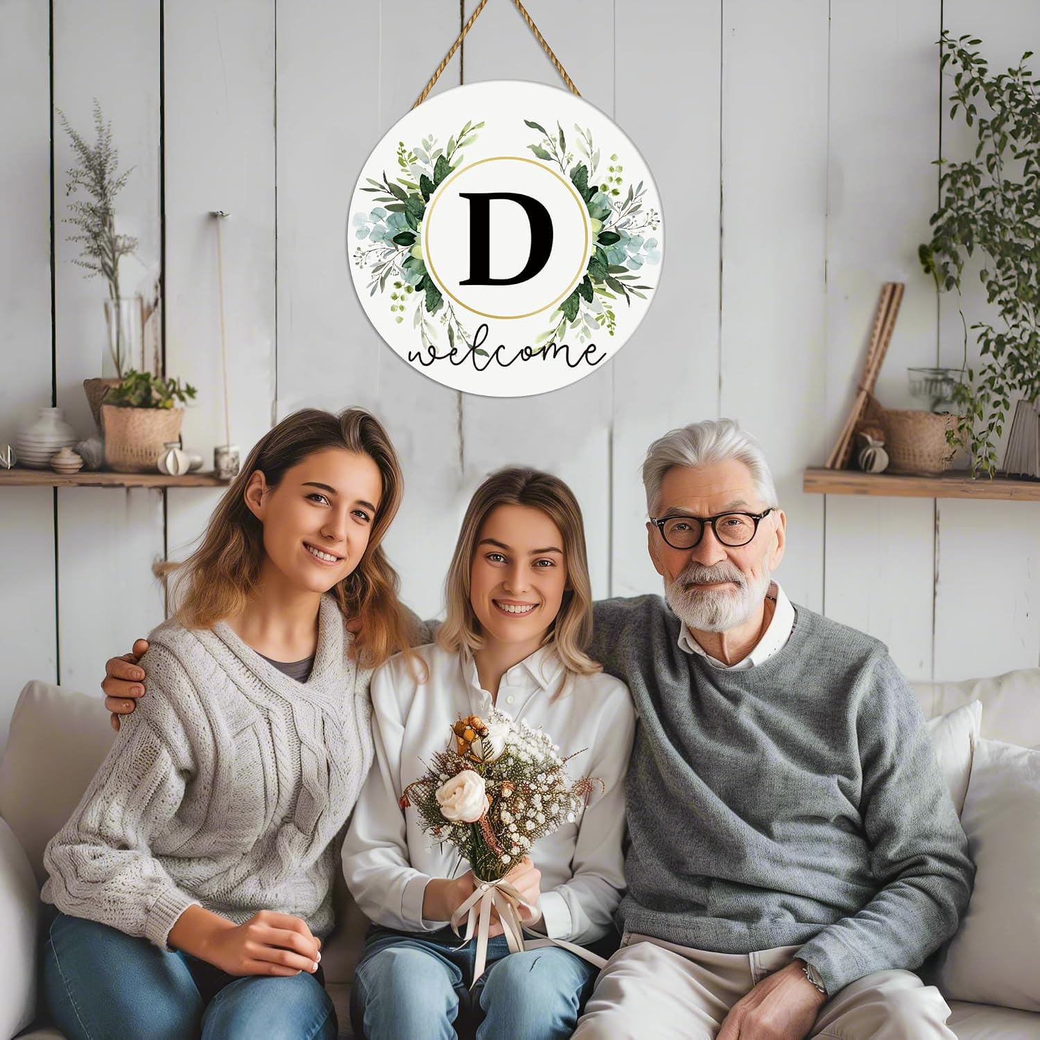 Monogram Letter D Wreaths for Front Door Wreath Wooden Welcome Sign for Front Door Decor Floral Family Last Name Initial House Warming Spring Summer Porch Rustic Wall Home Kitchen Boho Decorations
