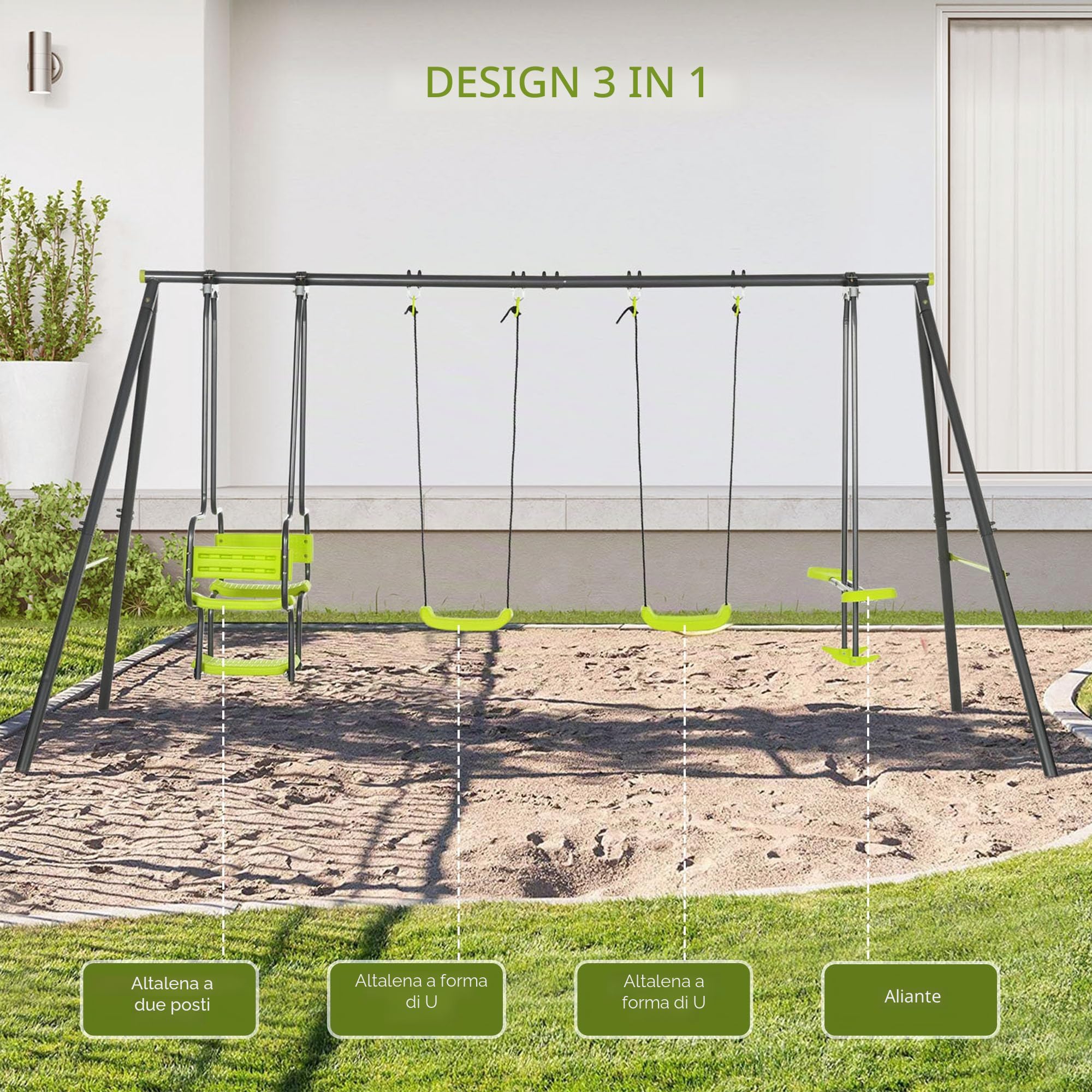Outsunny Altalena per bambini 4 apparecchi con gondola contrapposti dim. 3,55L x 1,84L x 1,86H m metallo epossidico anticorrosione PE grigio antracite verde mela