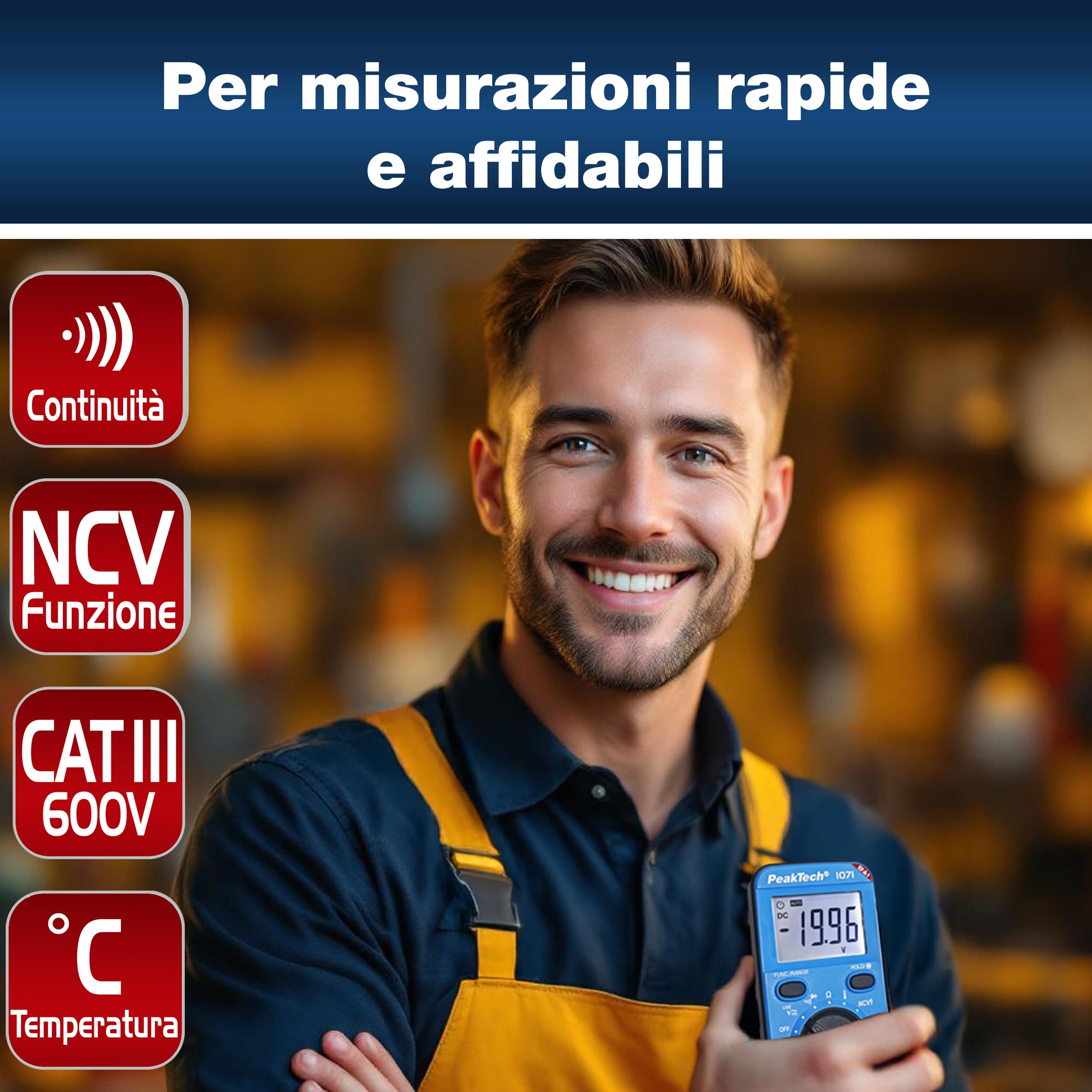 PeakTech P1071 - Multimetro digitale 10A AC/DC con funzione Auto-Range - Multimetro digitale di alta qualità con display LCD a 2.000 conteggi - Robusto amperometro fino a 600V - CAT III 600V