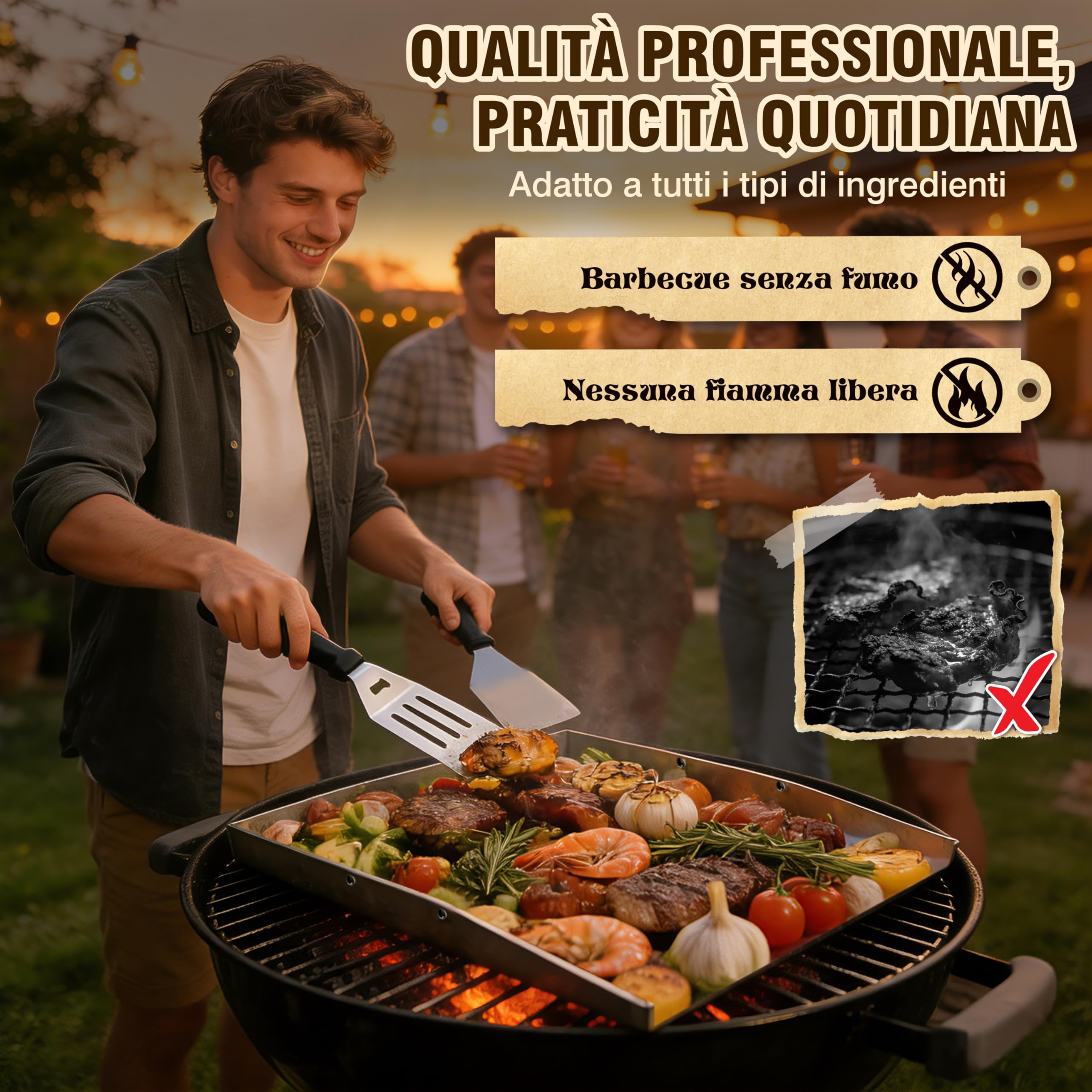 JONRRYIN Piastra Acciaio Inox Barbecue 40 x 30 cm, Plancha in Acciaio Inox per Barbecue Gas con 2 Spatole e Manico Rimovibile per BBQ a Gas e BBQ a Carbone (Tre spigoli)