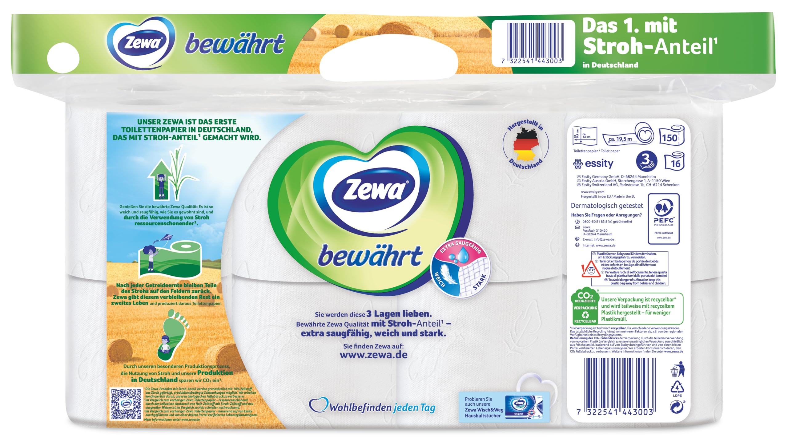 Zewa Toilettenpapier trocken bewährt, weiß, 3-lagig, 3er Pack (3 x 16 Stück)