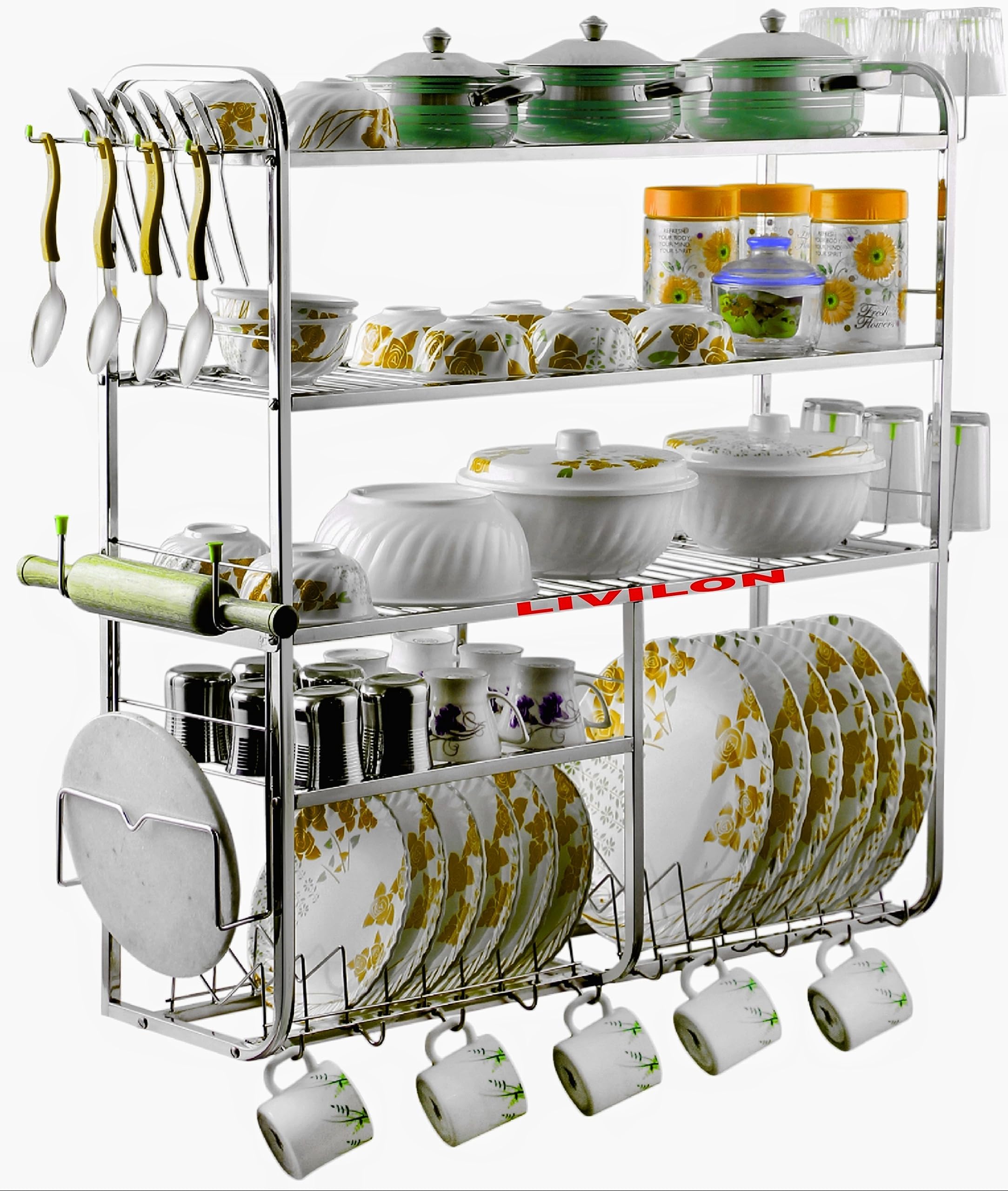 Wall Mount Kitchen Utensils 5 Shelf Dish Rack | Stainless Steel Utensil Rack/Stand | Kitchen Organizer | Utensils Rack with Plate & Cutlery Stand (31x30x10 Inches)