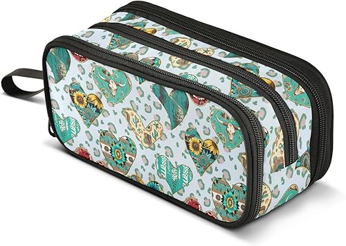 ZAZYXTJ Estuche de gran capacidad con estampado de leopardo azteca occidental, 3 compartimentos, bolsa de lona para maquillaje, para escuela,