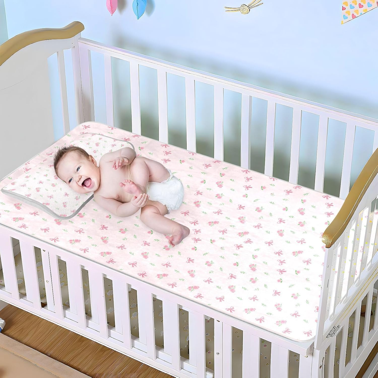 Baby Cooling Mat Floral Pattern Pink Ice Silk Breathable Mesh Summer Crib Mattress Pad with Pillowcase, Soft Cooling Sleeping Surface for Infant & Toddler, 52"x28"