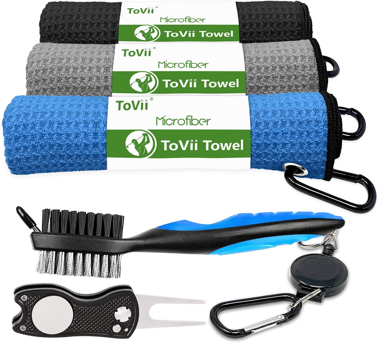 ToVii Golf Towel Microfiber Waffle Pattern Golf Towel | Brush Tool Kit with Club Groove Cleaner | Golf Divot Tool | Golf Accessories for Men