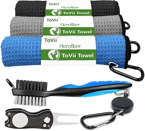ToVii Toalla de golf de microfibra con patrón de gofres | Kit de herramientas de cepillo con limpiador de ranuras para palos | Herramienta de golf
