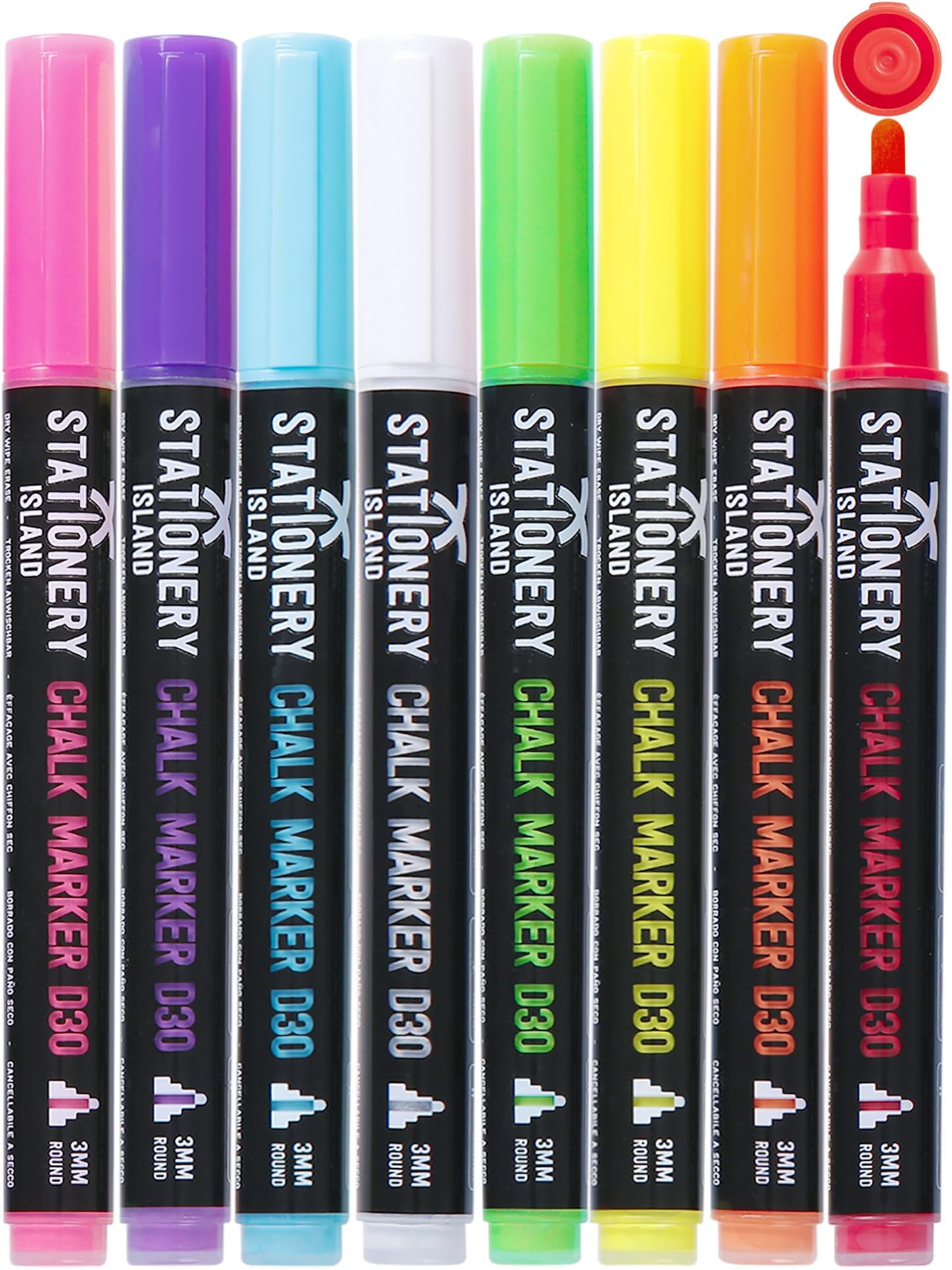 Stationery Island Chalk Pens D30 3mm Fine Bullet Nib - Dry Wipe Erase Chalk Markers Pack of 8 Colours