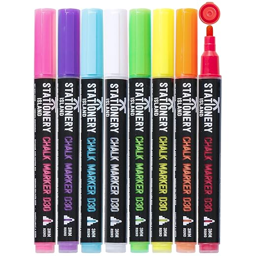 Stationery Island Liquid Chalk Pens White Markers for Blackboards Dry Erase Chalk Marker Pens Wipeable for Chalkboard, Window, Glass, Signs and Mirrors - 3mm Fine Bullet Nibs (White Pack of 4)