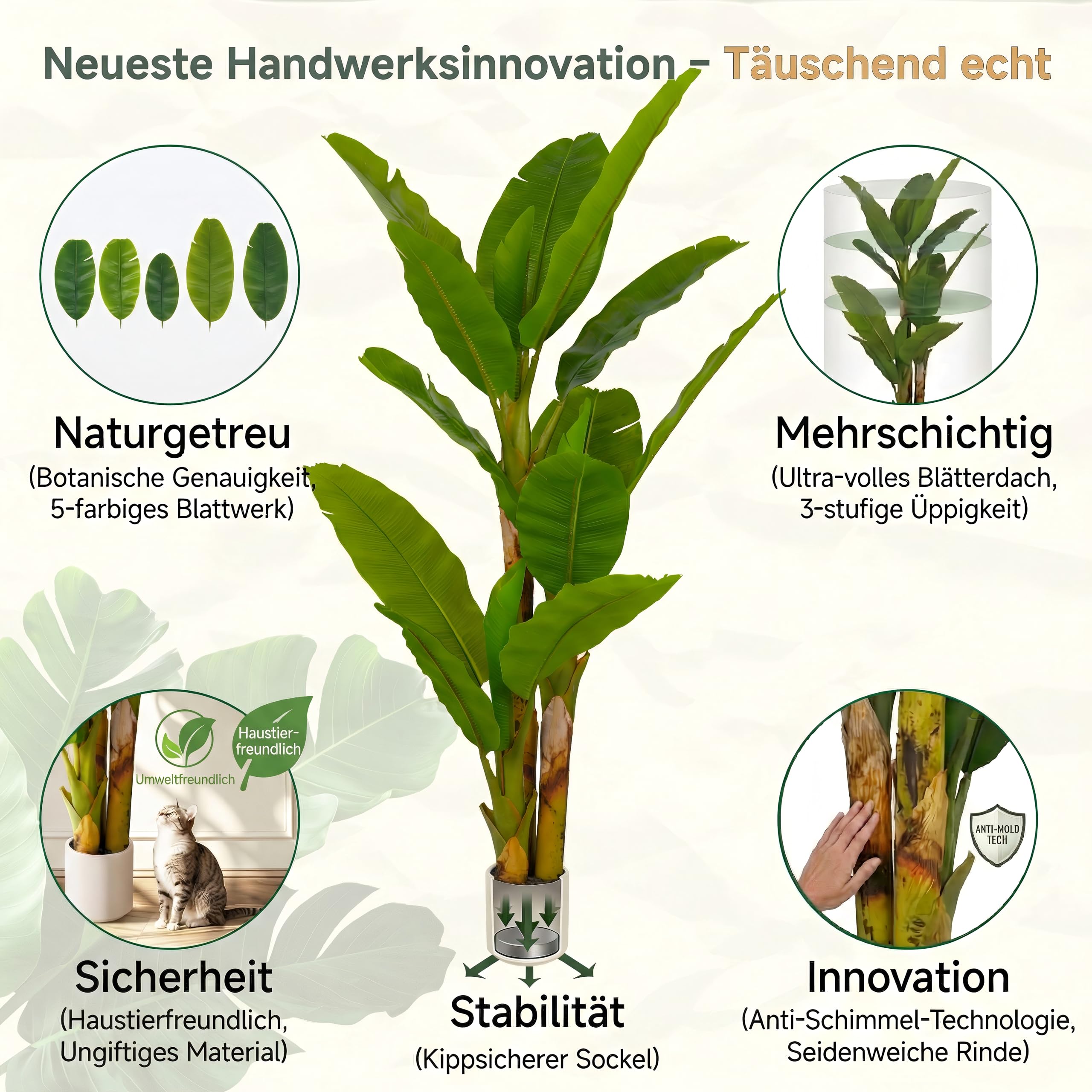 Künstlicher Bananenbaum 180cm groß Künstliche Bananenpalme wie echt Kunstpflanze XL Zimmerpflanze für Wohnzimmer Deko Real-Touch Blätter Großer Kunstbaum Büro Haustierfreundlich Dekopflanze