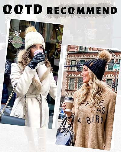 Vista 6 de FURTALK - Gorro de punto para el invierno con pompón de piel sintética, cálido, para mujeres
