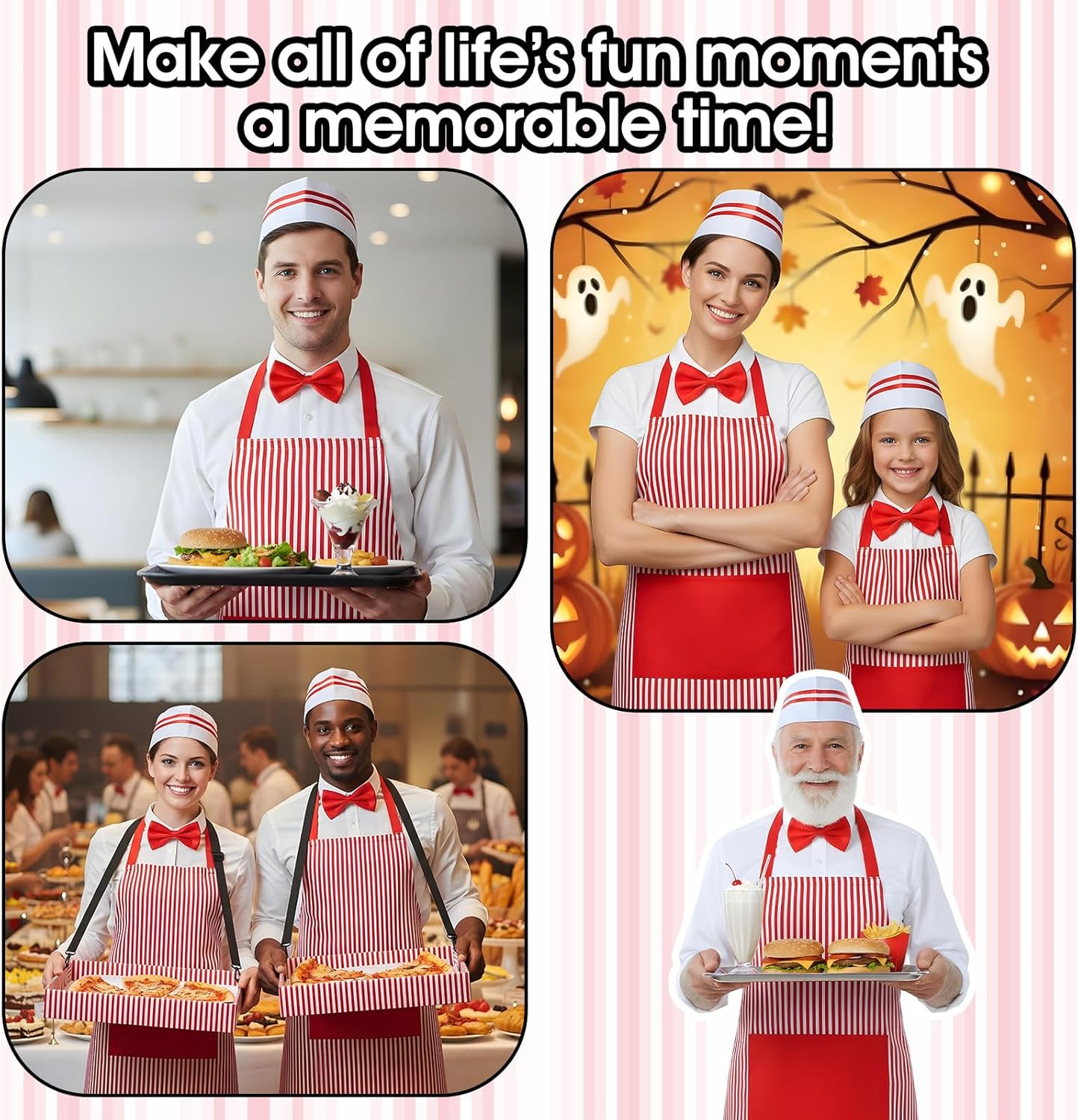 Waiter Costume Kit, 3 PCS Adult Carnival Costume, Red and White Striped Apron with 1 Pockets Chef Hat Red Bow Ties Snack Tray, 1950s Carnivals Cosplay for Circus Hot Dog Costumes, Carnival Outfit - Image 7
