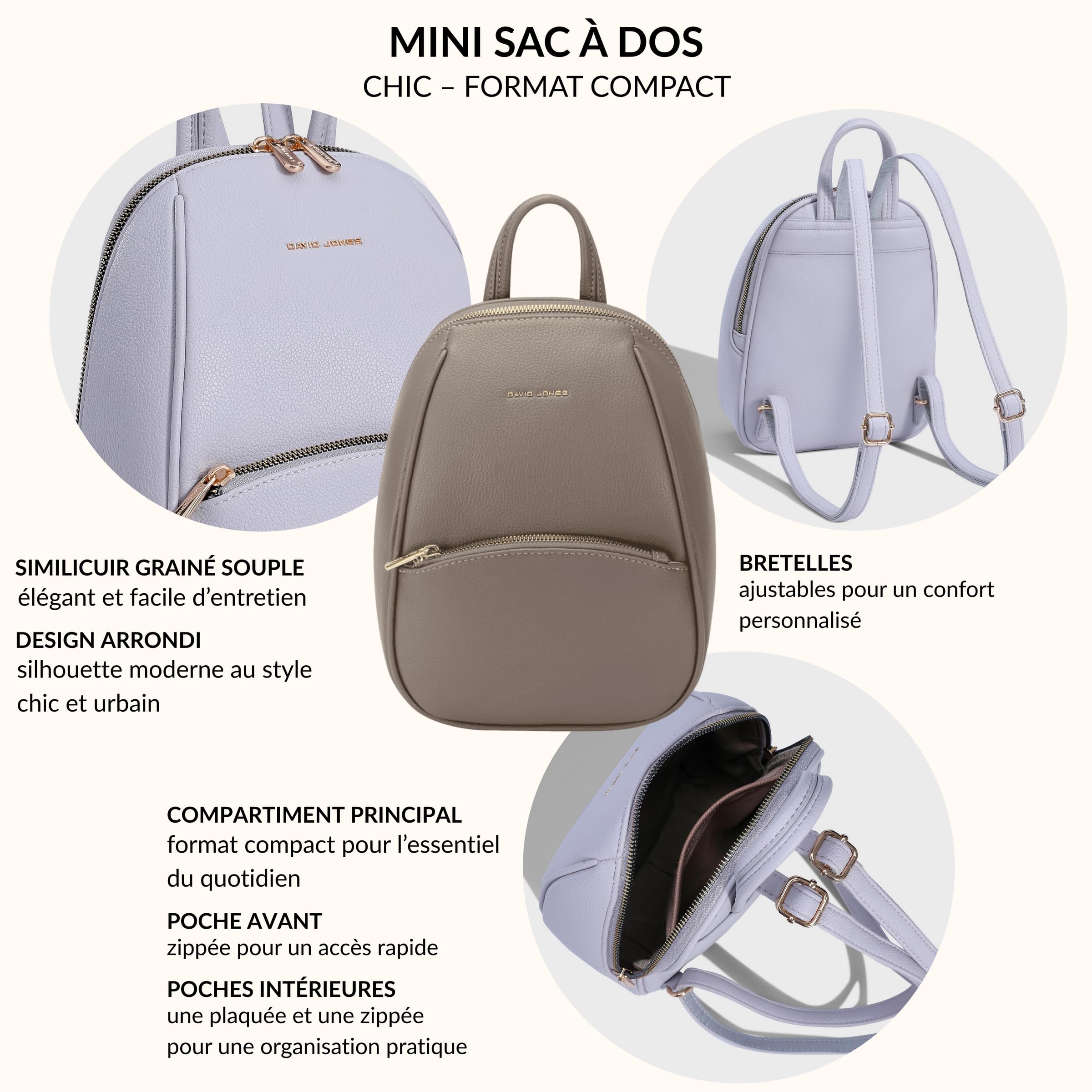 David Jones - Mini mochila bandolera para mujer y ciudad, tamaño mini, piel sintética, práctica chic clásica, salidas de fin de semana