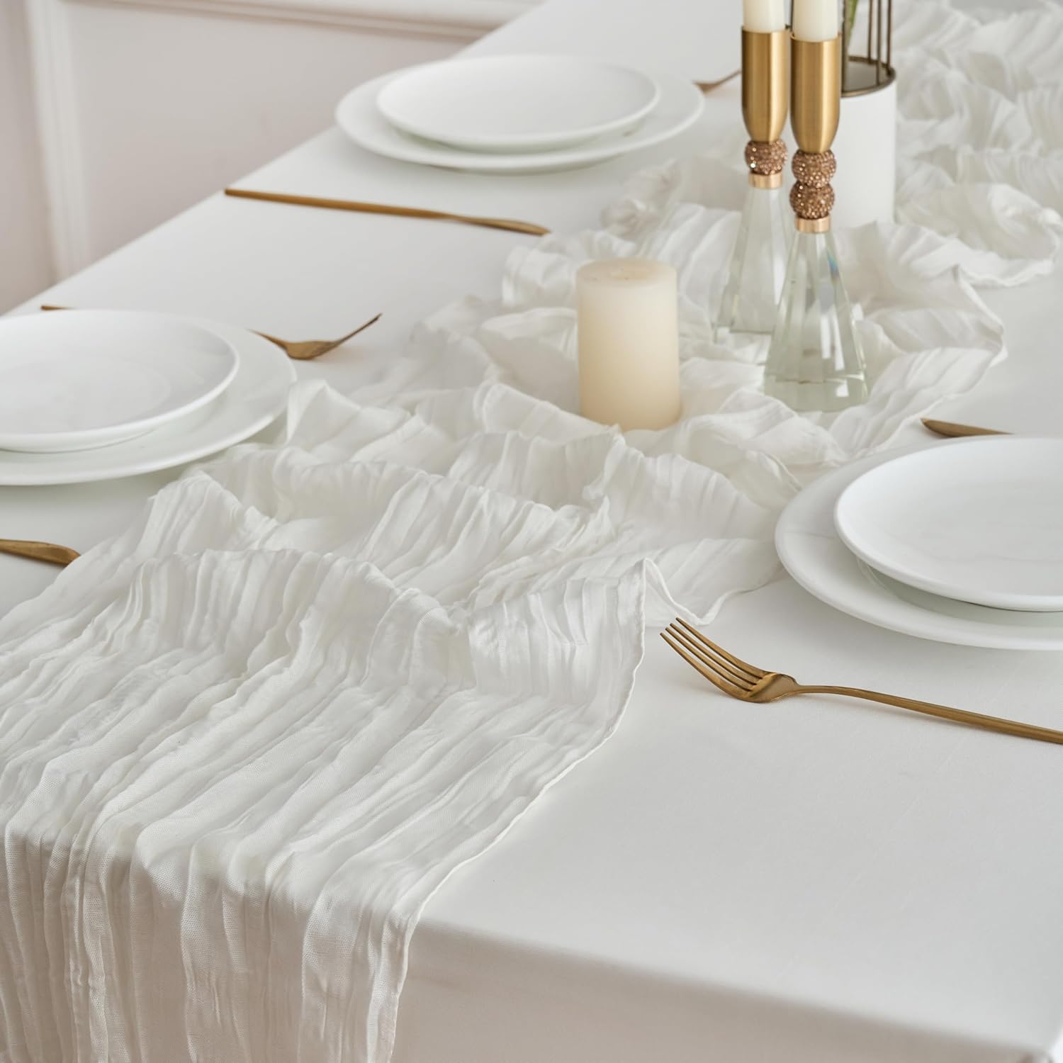 8Pcs Cheesecloth Table Runner 10FT 21.6X 120 Inch Boho Rustic Gauze Table Runners for Wedding Birthday Baby Shower Summer Garden Party Home Decor(White)