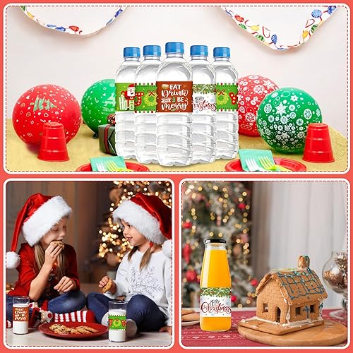 Miniatura 3 de D24TIME Etiquetas navideñas para botellas de agua, 24 unidades, calcomanías festivas impermeables para botellas HO Eat Drink and Be Merry Pegatinas