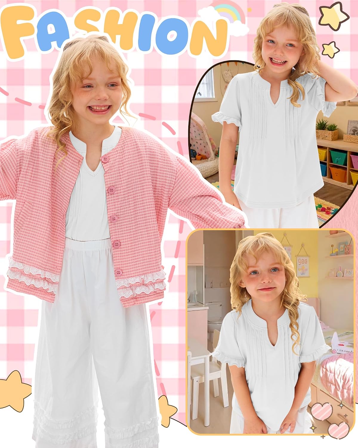 Ficerd Toddler Girls Ruffle Puff Sleeve Blouse V Neck Pleated Short Sleeve Tunic Top Baby Girls Summer Casual Shirt 18M-5T