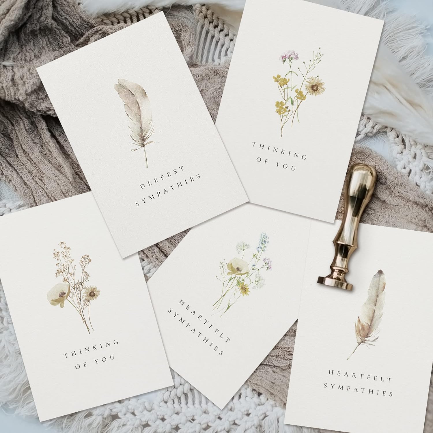 KIBAGA Beautiful Sympathy Cards Set of 20 with Envelopes and Stickers - Perfect Bulk Set To Express Your Condolences - Floral and Feather Assortment w/a Simple Heartfelt Note