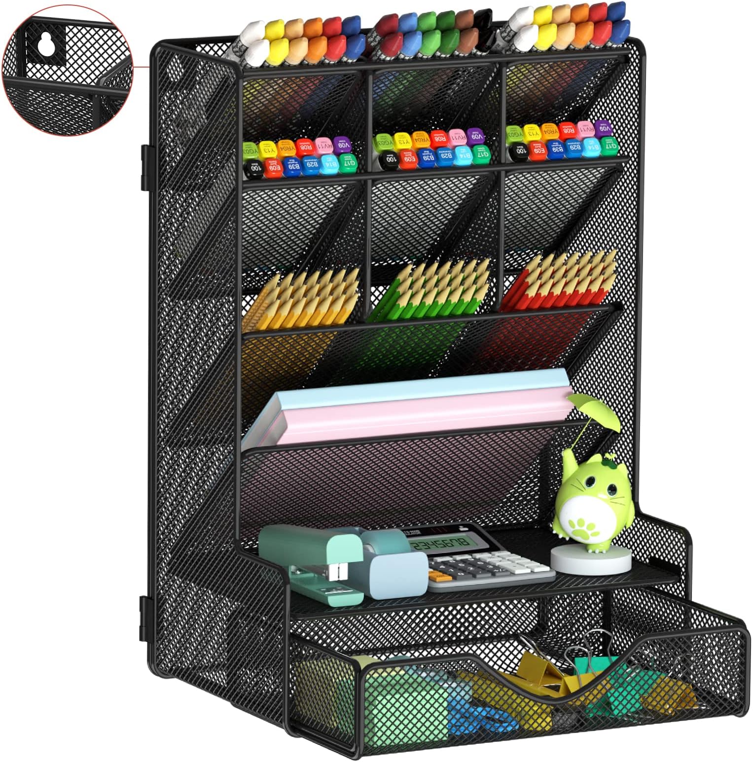 BOHDK Pen Organizer for Desk, Multi-Functional Desk Organizer, Wall Mount Pen Holder with Drawer for School, Office, Home, Art Supplies, Black