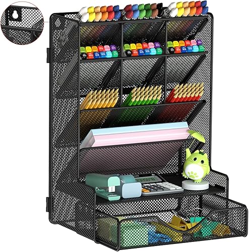 Miniatura 9 de Organizador de bolígrafos BOHDK para escritorio, organizador multifuncional para escritorio, soporte de bolígrafos para montar en pared con cajón