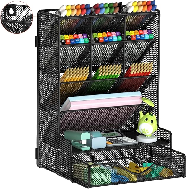 BOHDK Organisateur de stylo pour bureau, Organisateur multi-fonctionnel de bureau, Support de stylo mural suspendu avec tiroir pour école, bureau, maison, fournitures d'art, noir