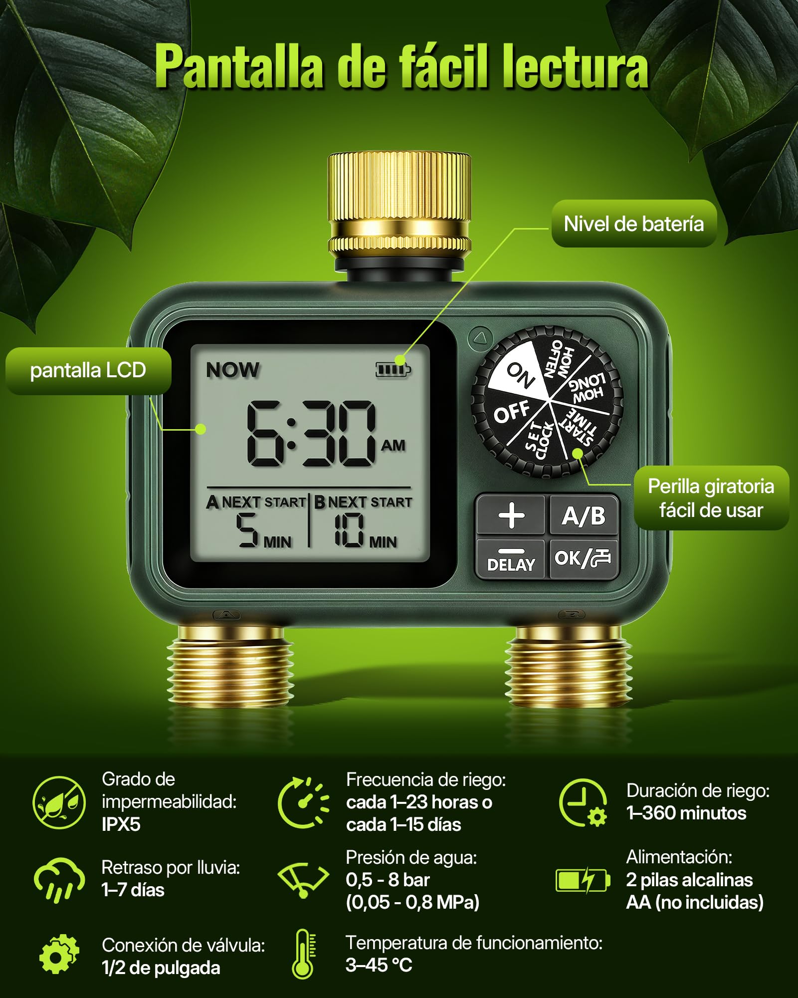 2 Valve Irrigation Programmer, Automatic Irrigation Computer, Timer for Garden Hose Tap, Rain Delay Function, Patio and Lawn, Dark Green — view 6