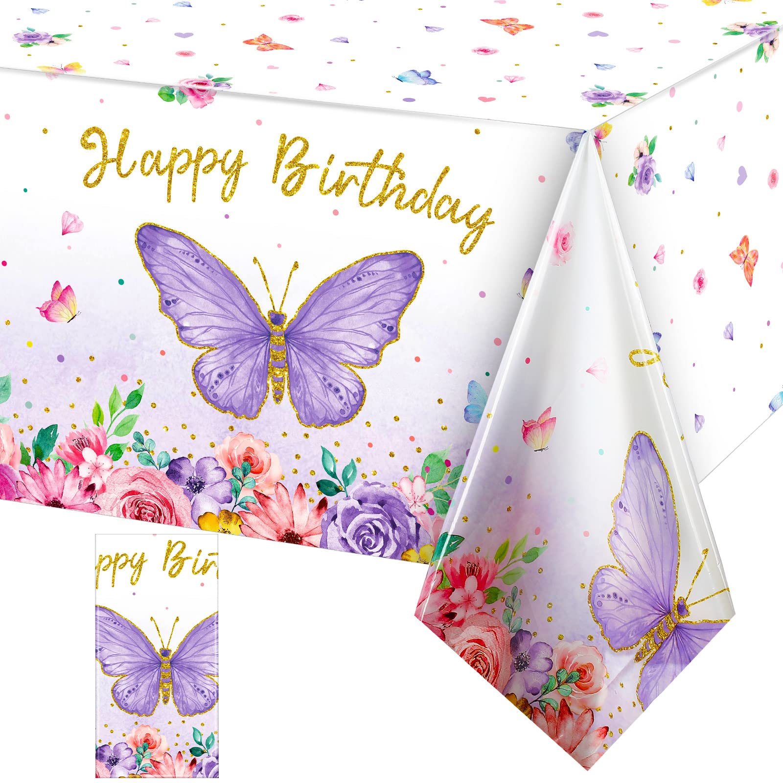 Butterfly Happy Birthday Tablecloth - Rectangular Watercolor Butterfly Table Cover, Spring Themed Plastic Tablecloth for Girl Party, 108 x 54 Inch (Pink, Purple, 1 Piece)