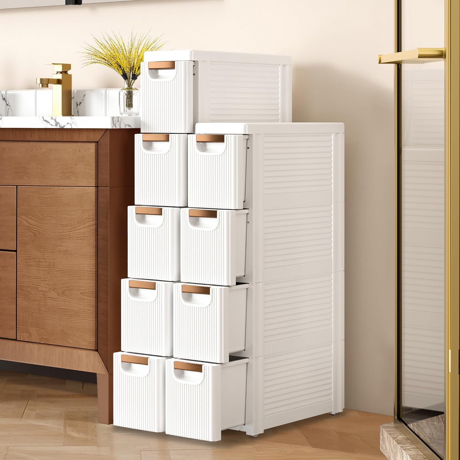 VECELO 5-Drawer Narrow Bathroom Storage Cabinet, Mobile Plastic Slim Rolling Organizer Cart with Built-in 4 Wheels for Living Room, Kitchen, Bathroom, Bedroom, Office, White(16.5" x 7.5" x 35.8")
