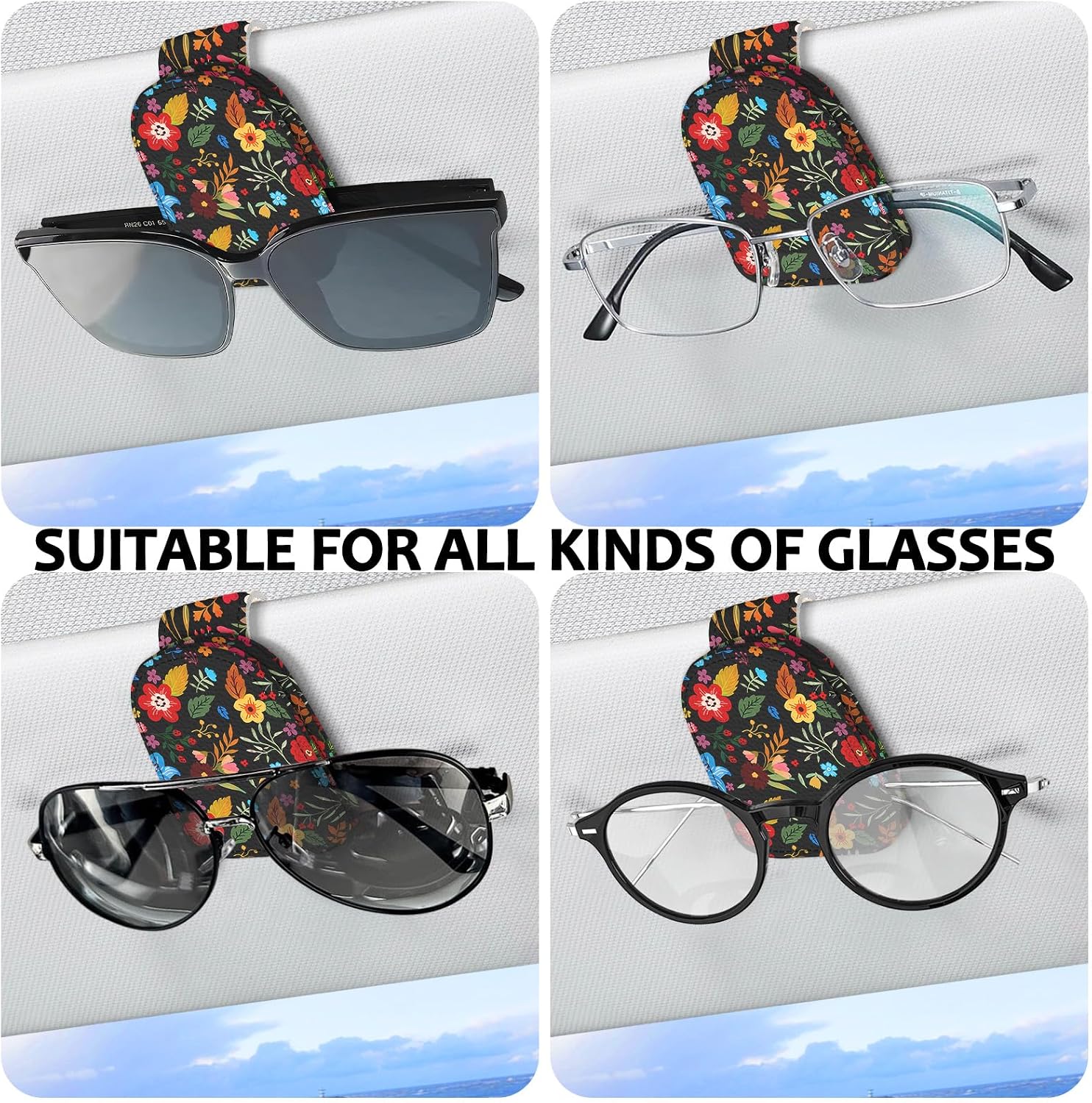 2 Pack Magnetic Leather Sunglass Holder, Universal Magnetic Car Eyeglass Hanger Clip for Different Size Eyeglasses, Car Visor Accessories (Black Floral)