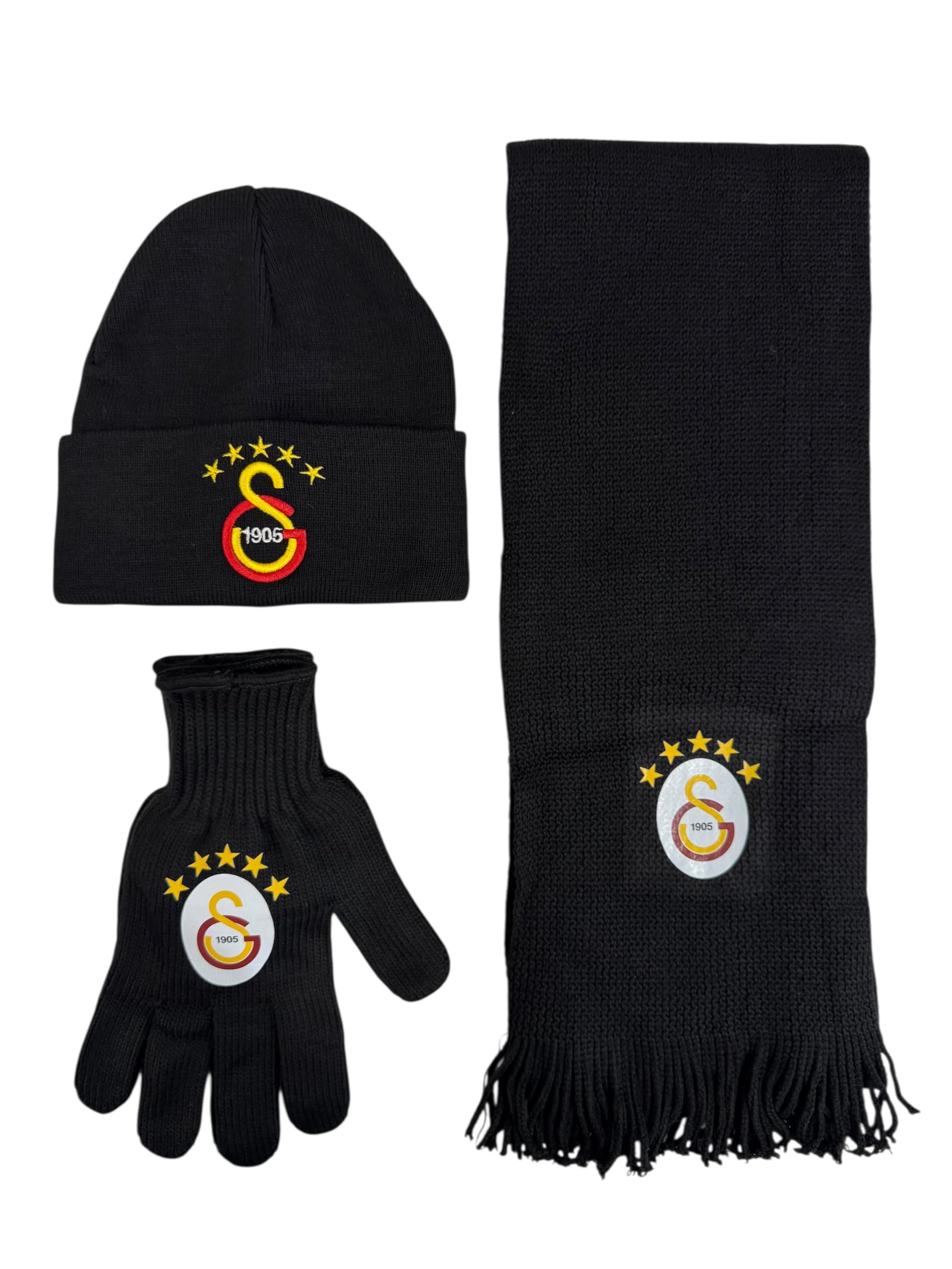 Gök-Türk 3 Teiliges Set aus Beanie Mütze, Halsschal und Handschuhe mit Logo Galatasaray GS