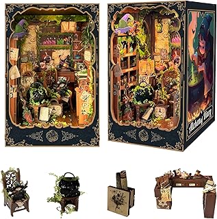 Spilay Booknook ミニチュア ドールハウス キット ブックスタンド 本棚の装飾品 ドールハウス DIYクラフト 手作り木製ギフトドールハウス 初心者,LEDライト、ダストカバー付き-誕生日、休日、クリスマスプレゼント-(錬金術日記)SQ43
