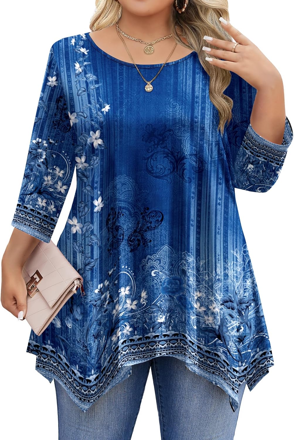 IN'VOLAND Plus Size Tops for Women 3/4 Sleeve Shirts Tunic Tops to Wear with Leggings Loose Fit Summer Fall Clothes