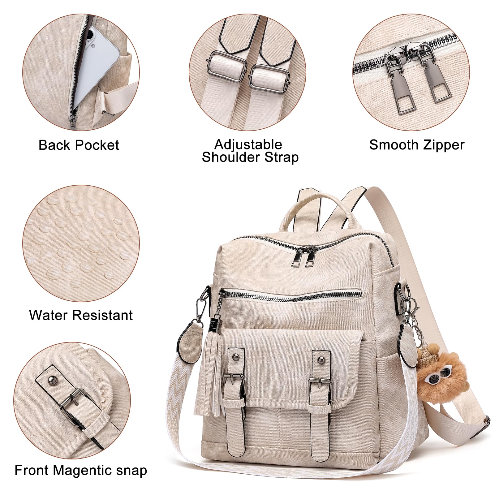 Sac à Dos Femme Antivol en Cuir Vegan, Multifonctionnel Sac Bandoulière Sacs à Main Femme Convertible avec Pendentif Amovible, Backpack pour Travail Voyage L'École Université Collège Shopping
