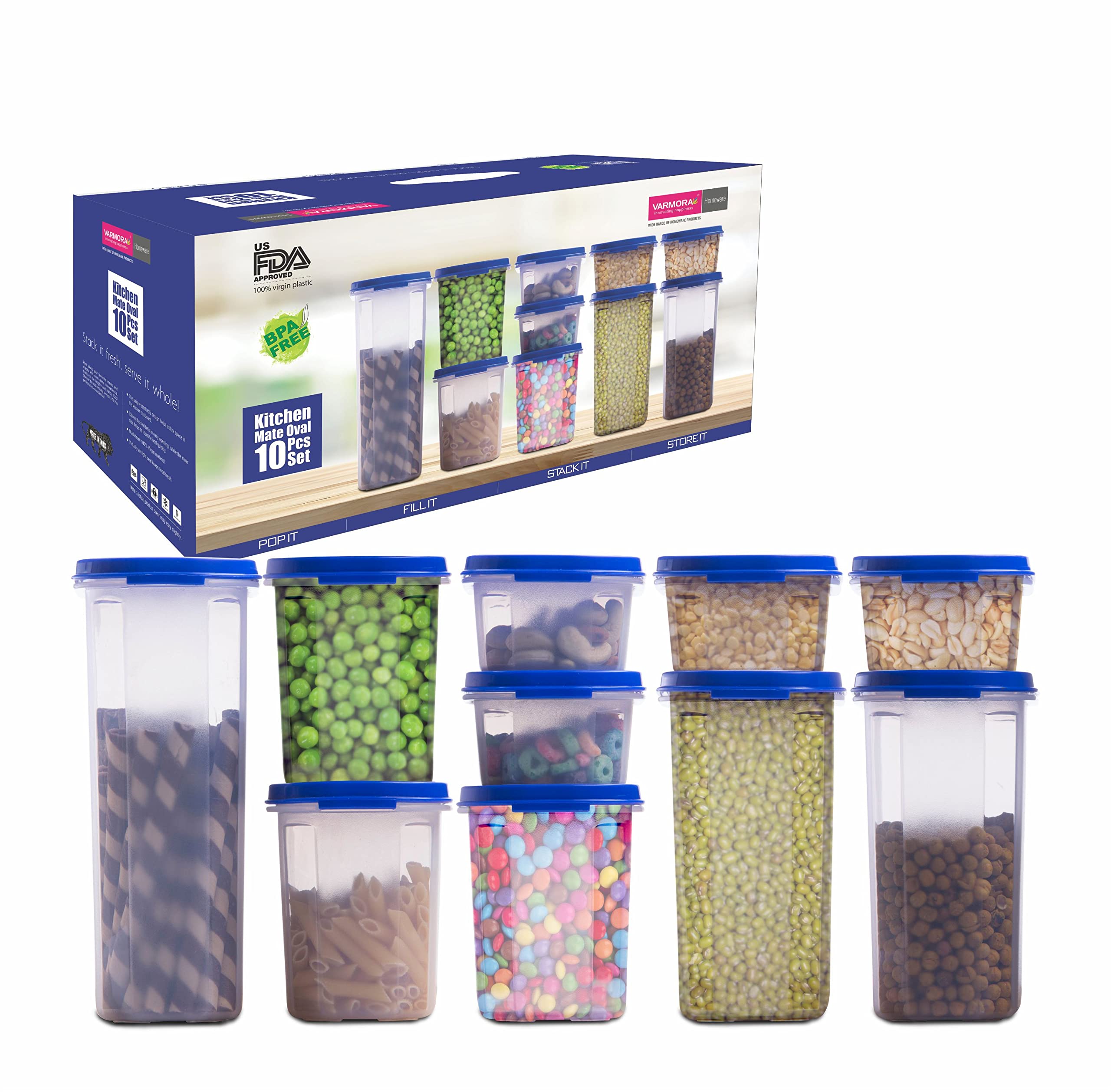 Varmora Magnum Oval Storage Containers |Stackable-Durable | For Pulses, Rice, Dal, Atta, Flour, Cereals, Snacks, | Set of 10 (550ml-4pc, 1.2 Ltr-3pc, 1.8ltr-2pc, 2.4ltr-1pc)|Blue