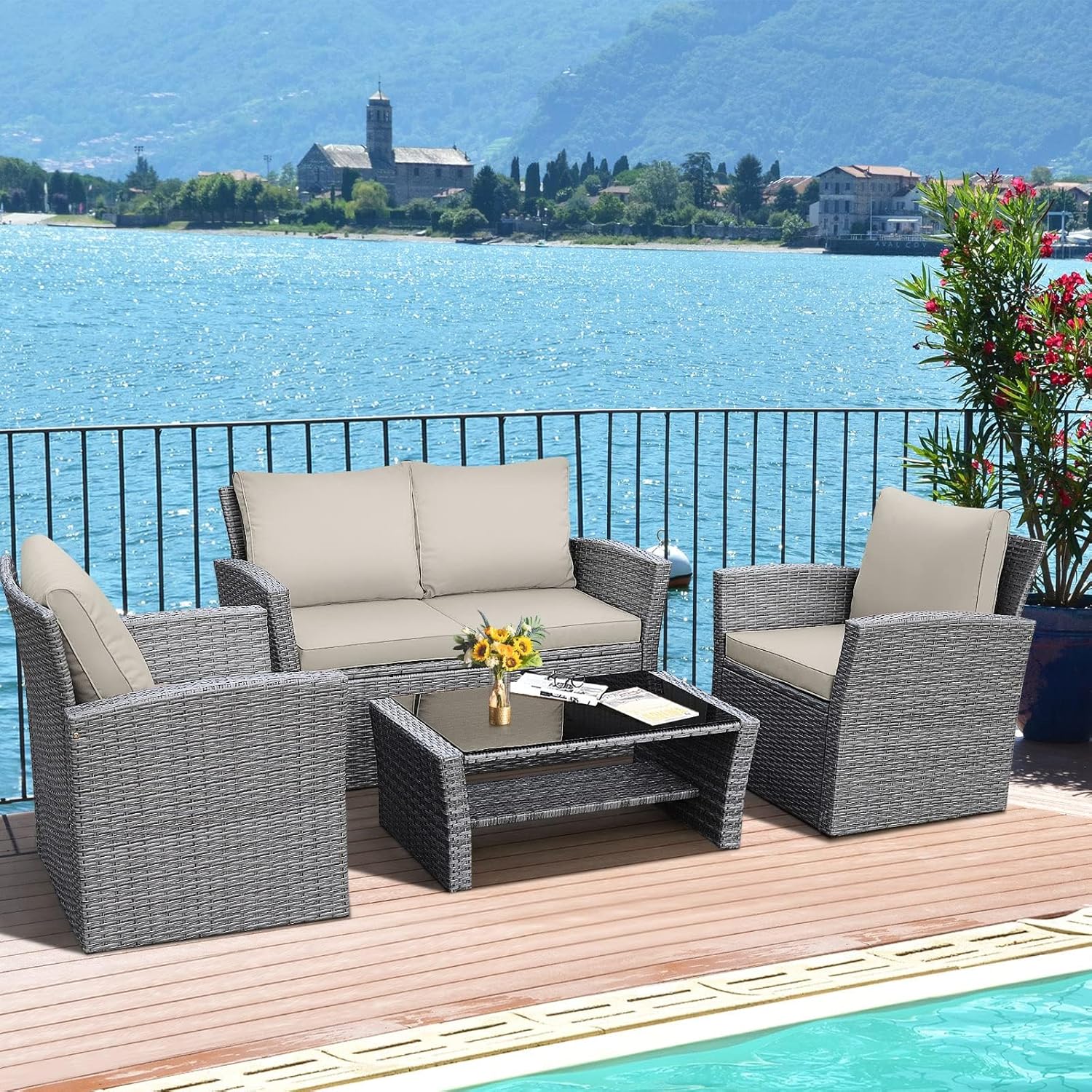 DORTALA 4 Pieces Patio Furniture Sets, Outdoor PE Rattan Conversation Set w/Loveseat, Glass Coffee Table, Cushions, Wicker Sectional Sofa Set for Porch, Balcony, Poolside, Brown