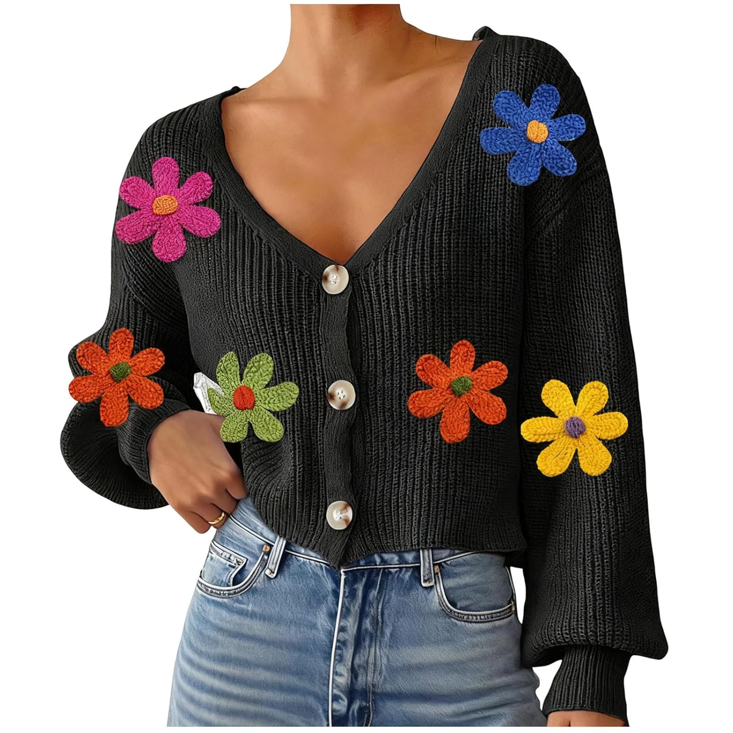 Womens 3D Flowers Sweater Cardigans Loose Button Up V Neck Long Sleeve Casual Knitted Cropped Outerwear