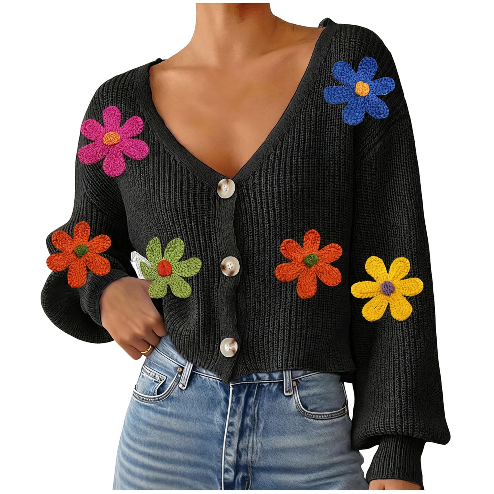Womens 3D Flowers Sweater Cardigans Loose Button Up V Neck Long Sleeve Casual Knitted Cropped Outerwear