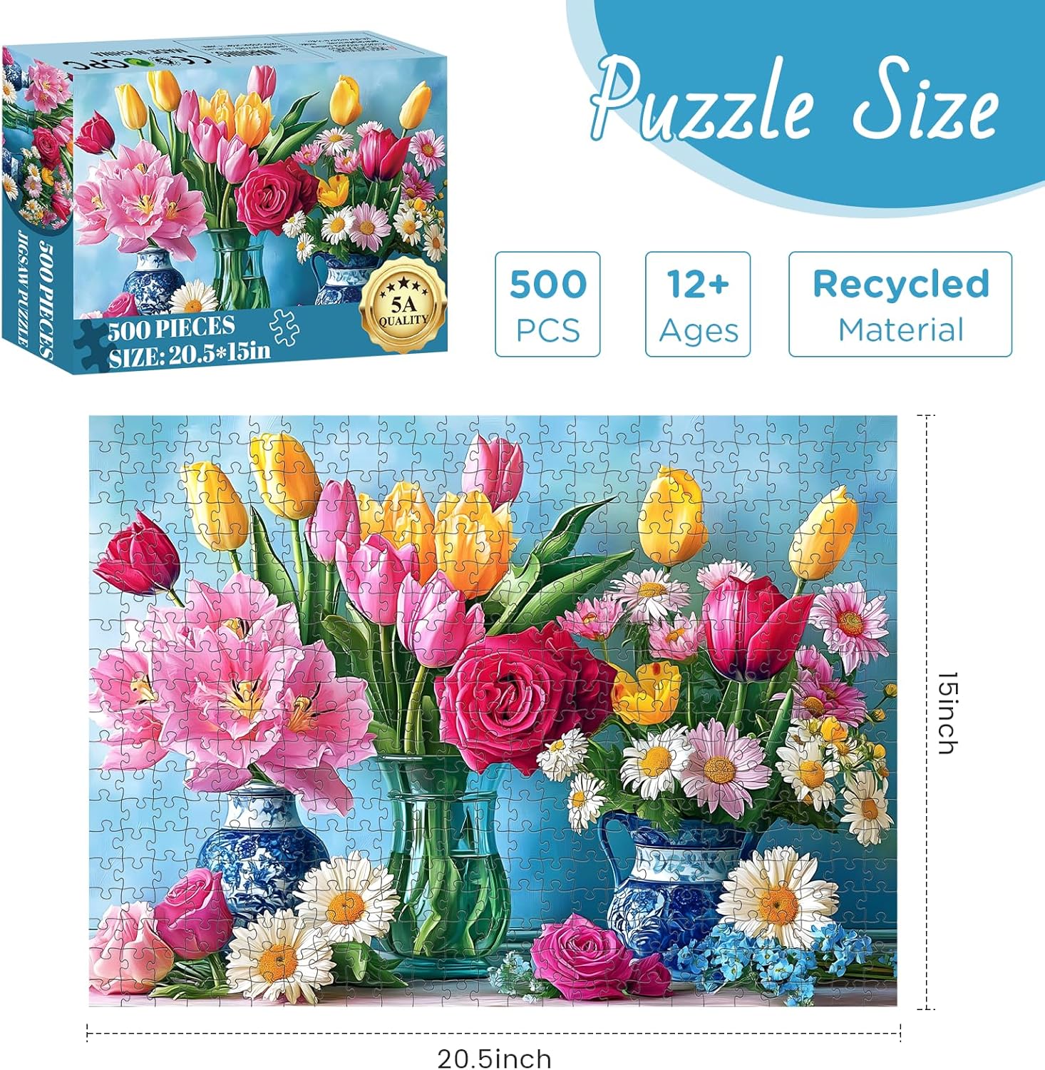 500 Piece Puzzle for Adults, Beautiful Flower Puzzles for Adults Senior, Age 12+, Tulip Rose Jigsaw Puzzles 500 Pieces, Challenging Puzzle Perfect Game Nights for Family Friend 20.5 X 15 Inches