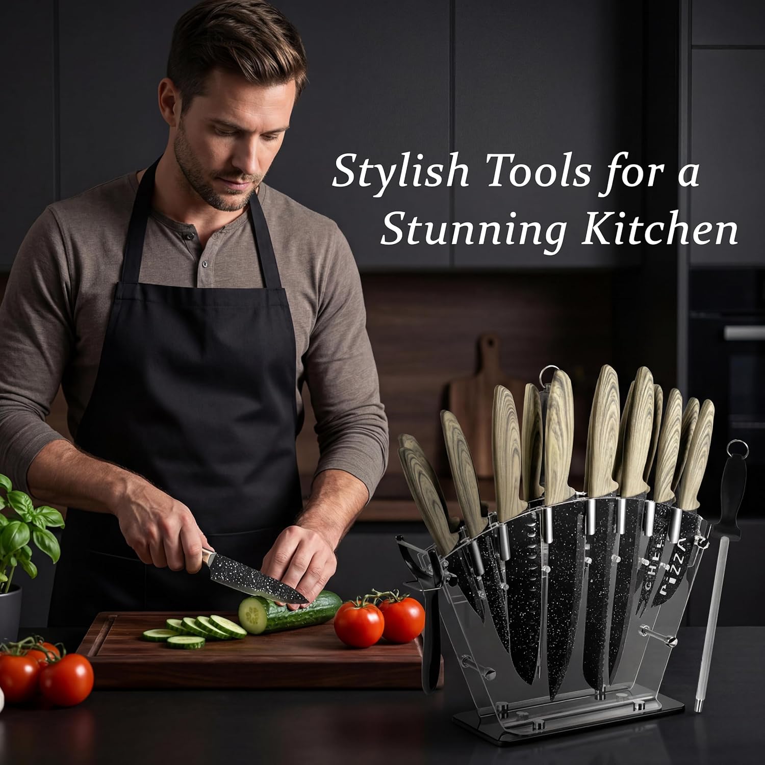 Kitchen Knife Set with Block, 19 PCS High Carbon Stainless Steel Knife Set, includes Serrated Steak Knives Set, Chef Knives, Bread Knife, Dishwasher Safe, Anti-slip Handle, Grey