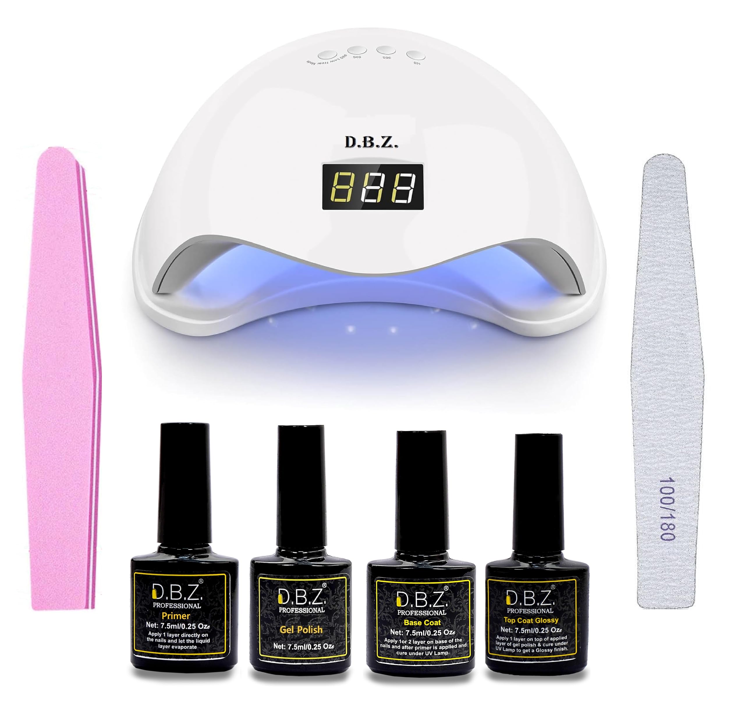 D.B.Z.® Nail Polish Starter Kit, Nail Kit with 48W UV LED Lamp Nail Dryer,1 Gel Nail Polish,1 Primer ,1 Top and 1 Base Coat, Nail File and Buffer-image-0